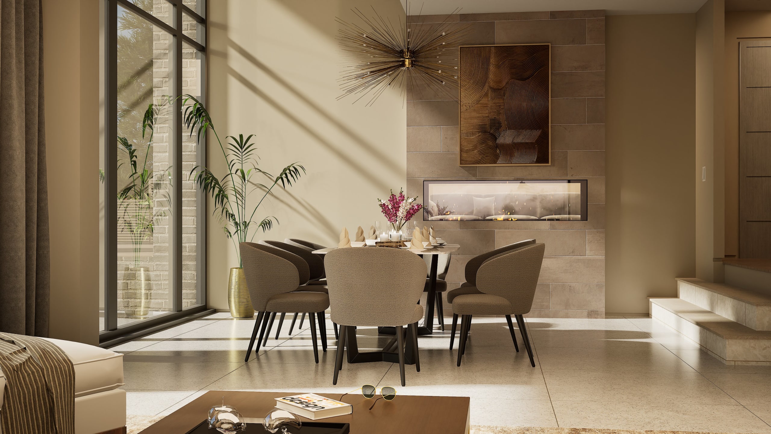 Modern dining room with upholstered chairs, linear fireplace, sputnik chandelier, and floor-to-ceiling windows
