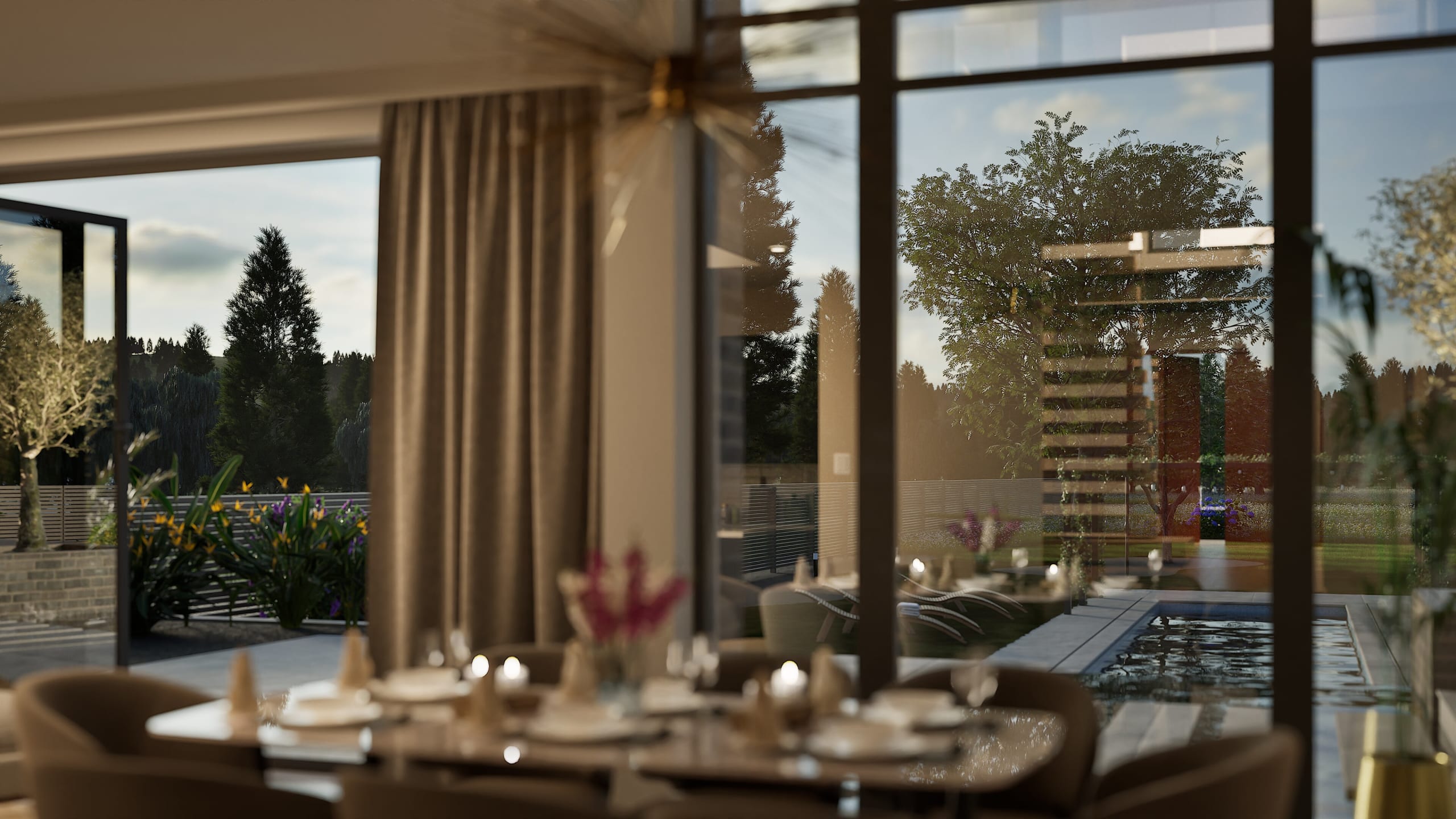 Modern dining area with floor-to-ceiling windows overlooking landscaped garden, pool, and pergola at dusk