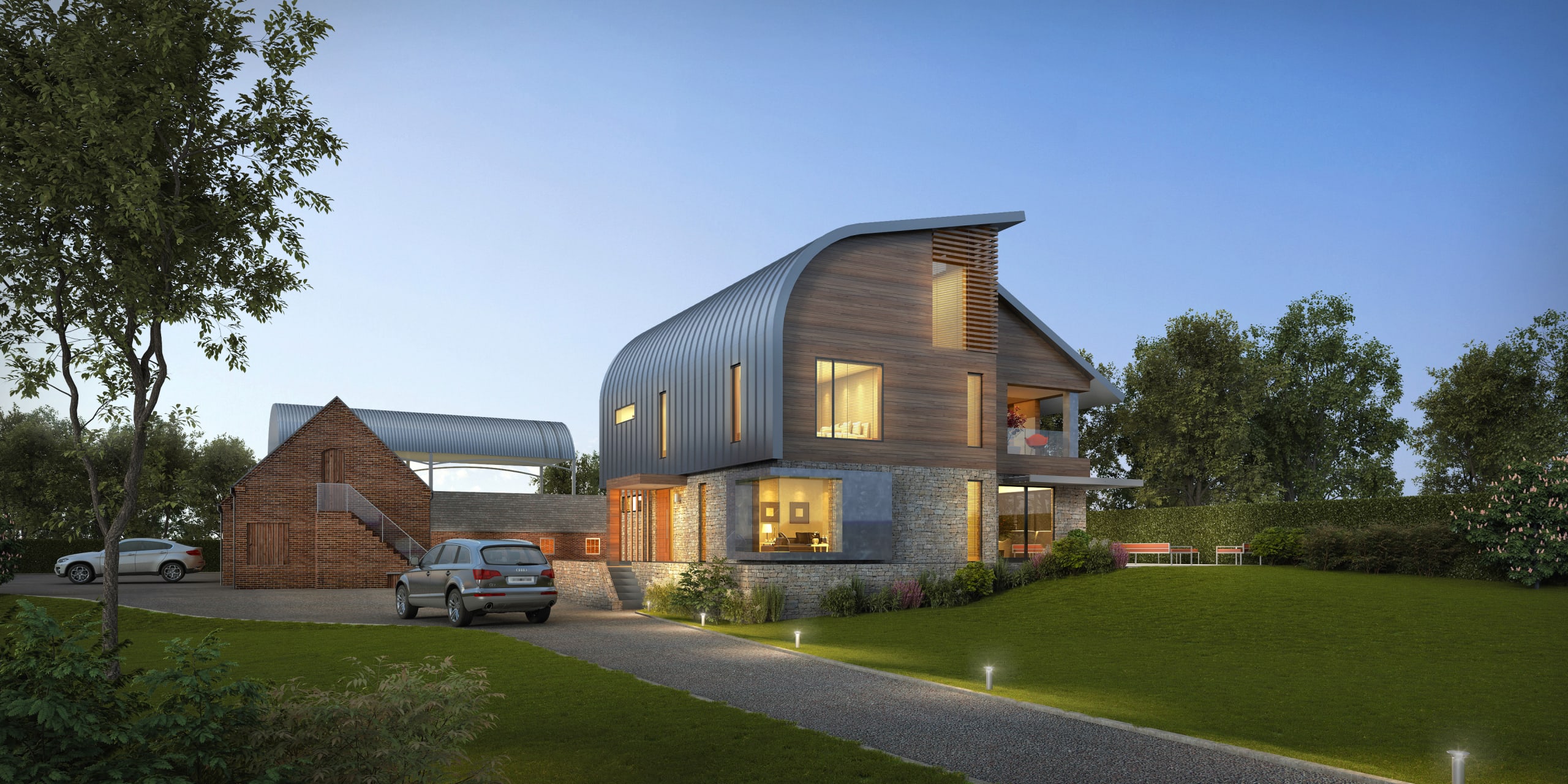 Modern barn-style home with curved metal roof, timber cladding, stone base, and large windows at dusk with illuminated interior