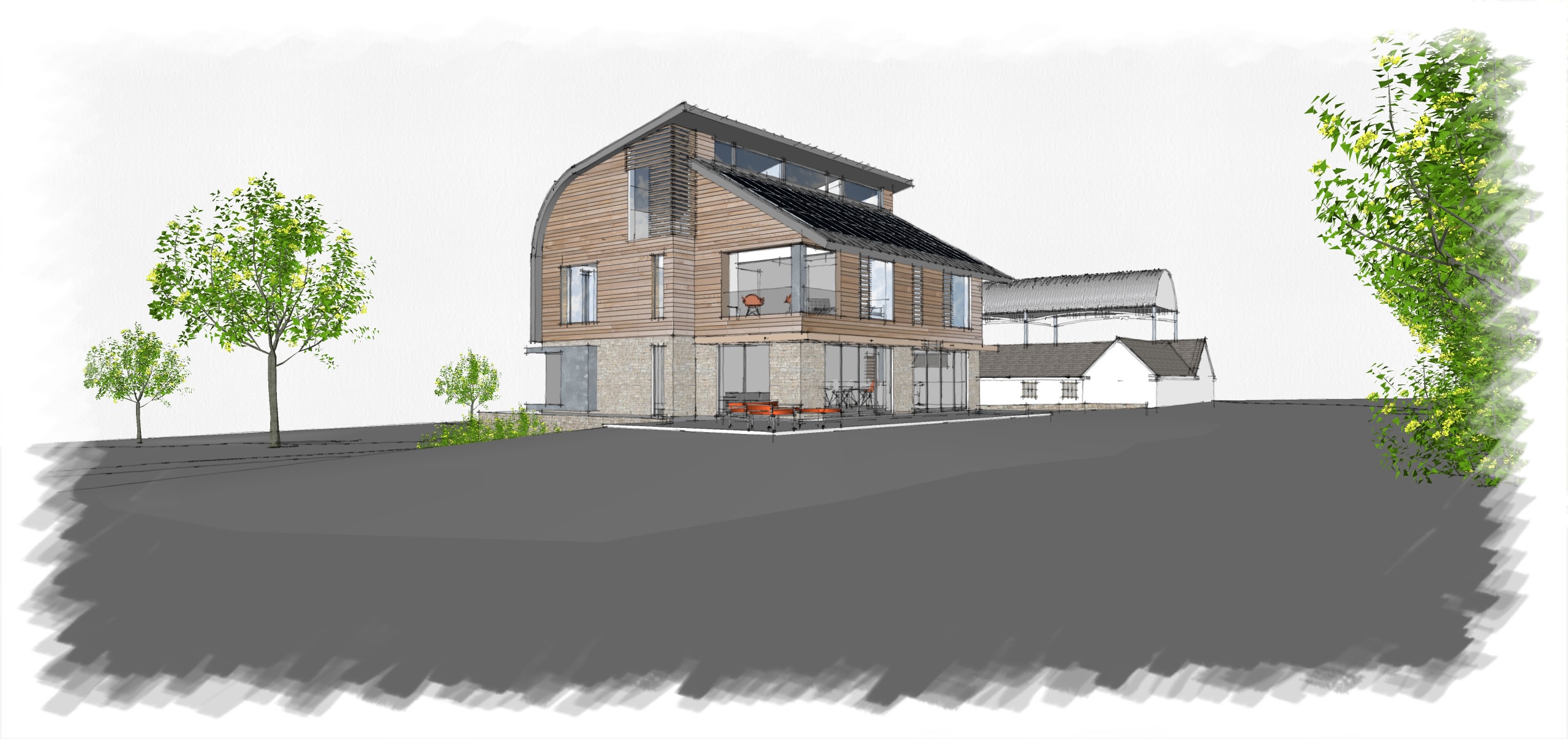 Modern three-story timber-clad residential building with stone base, large windows, balcony, and solar panels on curved roof