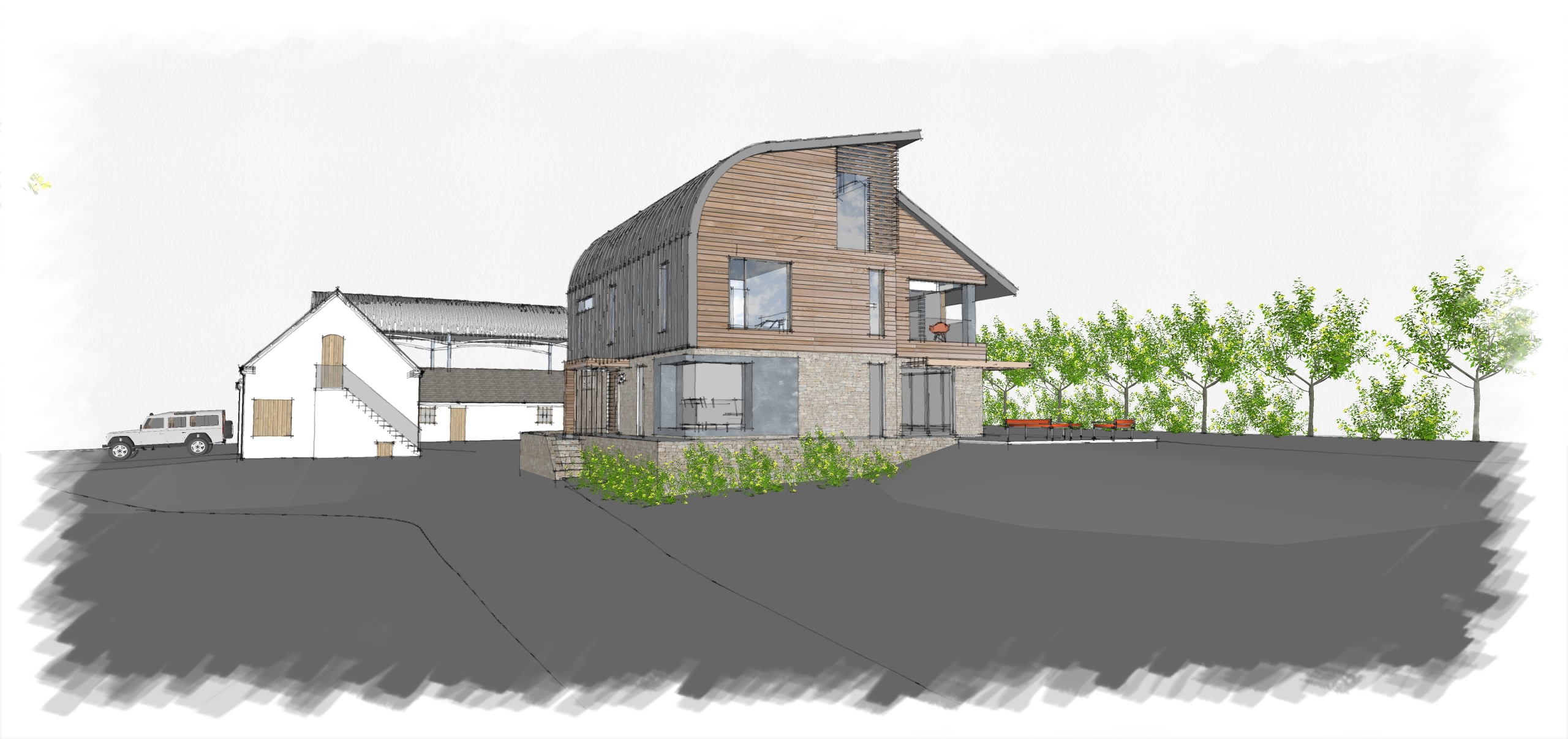 Architectural rendering of modern two-story home with curved roof, timber cladding, and stone base beside traditional white cottage