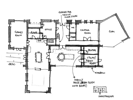 Hand-drawn floor plan sketch showing games room, cinema room, gym, office, pantry, utility boot room, and patio layout