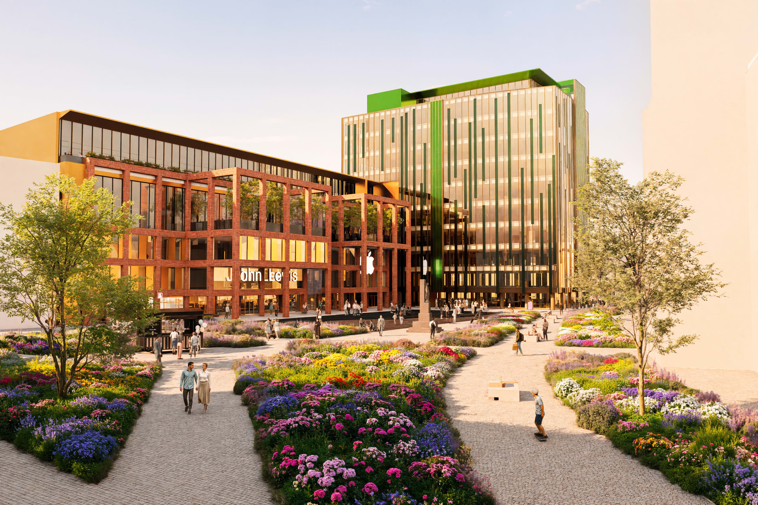 Modern mixed-use development with John Lewis store, Apple retail, landscaped gardens with colorful flower beds and walkways