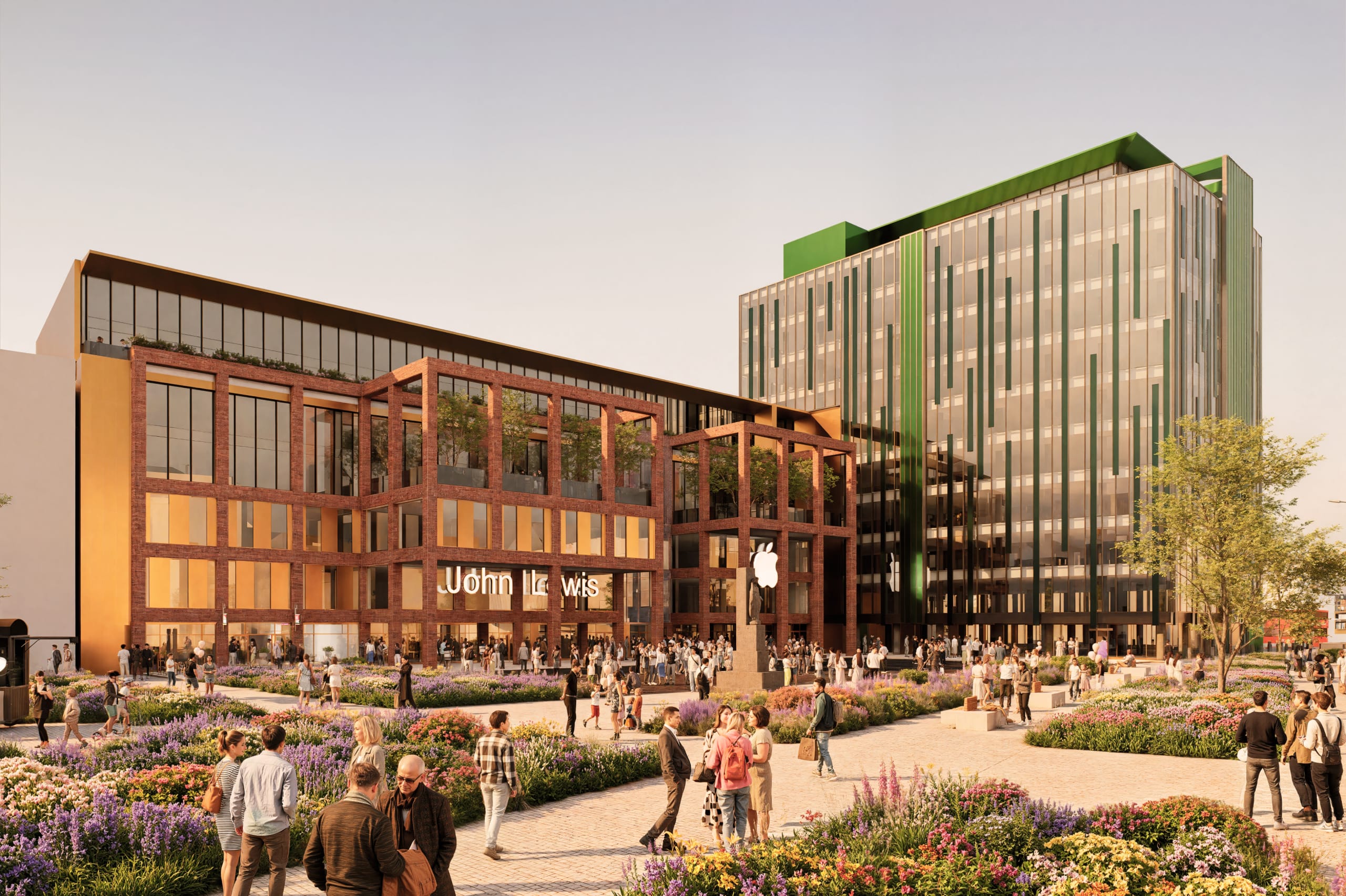 Modern mixed-use development featuring John Lewis store and Apple retail space with landscaped public plaza and gardens