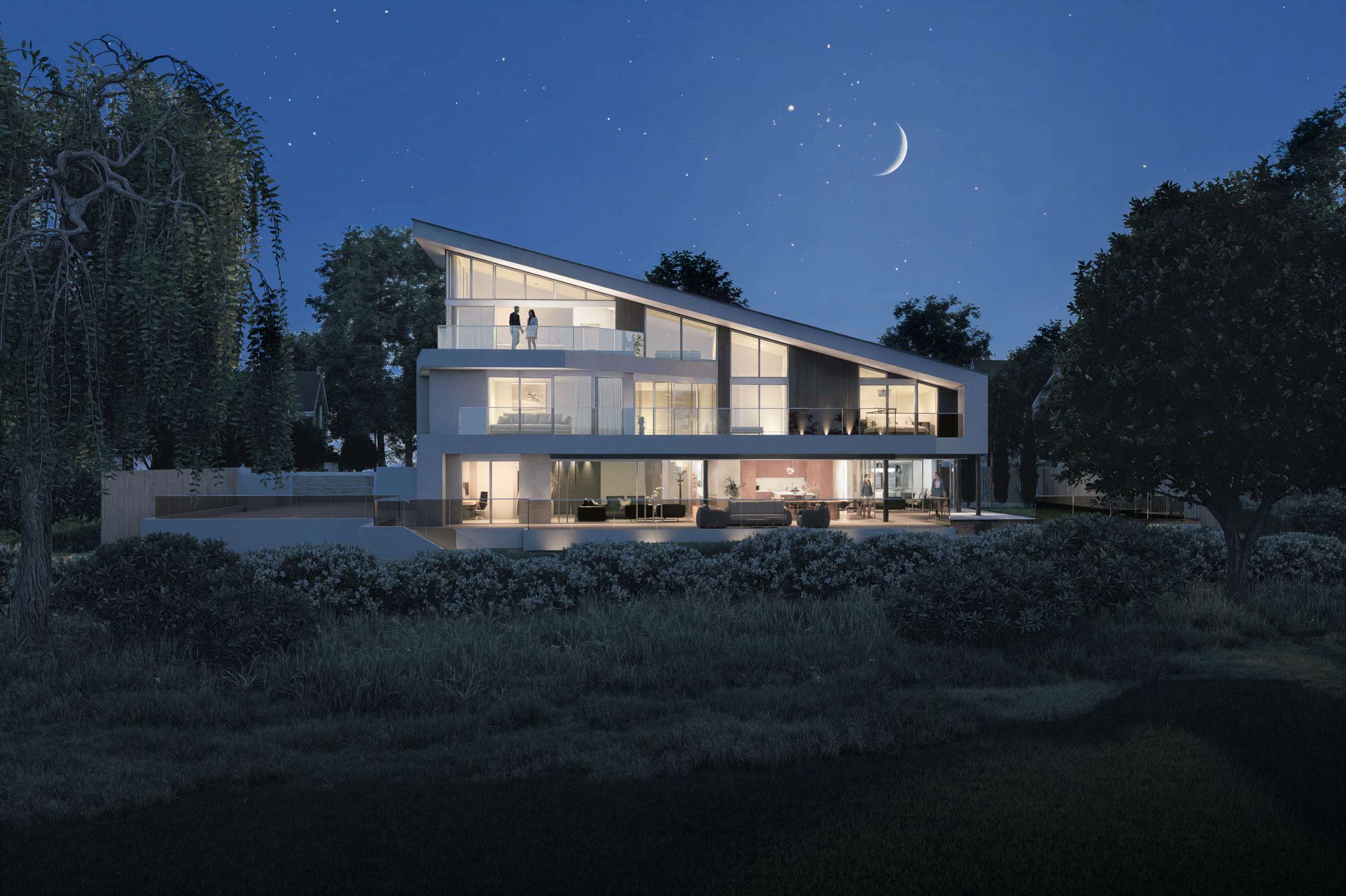 Modern three-story luxury home with floor-to-ceiling windows and angular roofline illuminated at night under starry sky