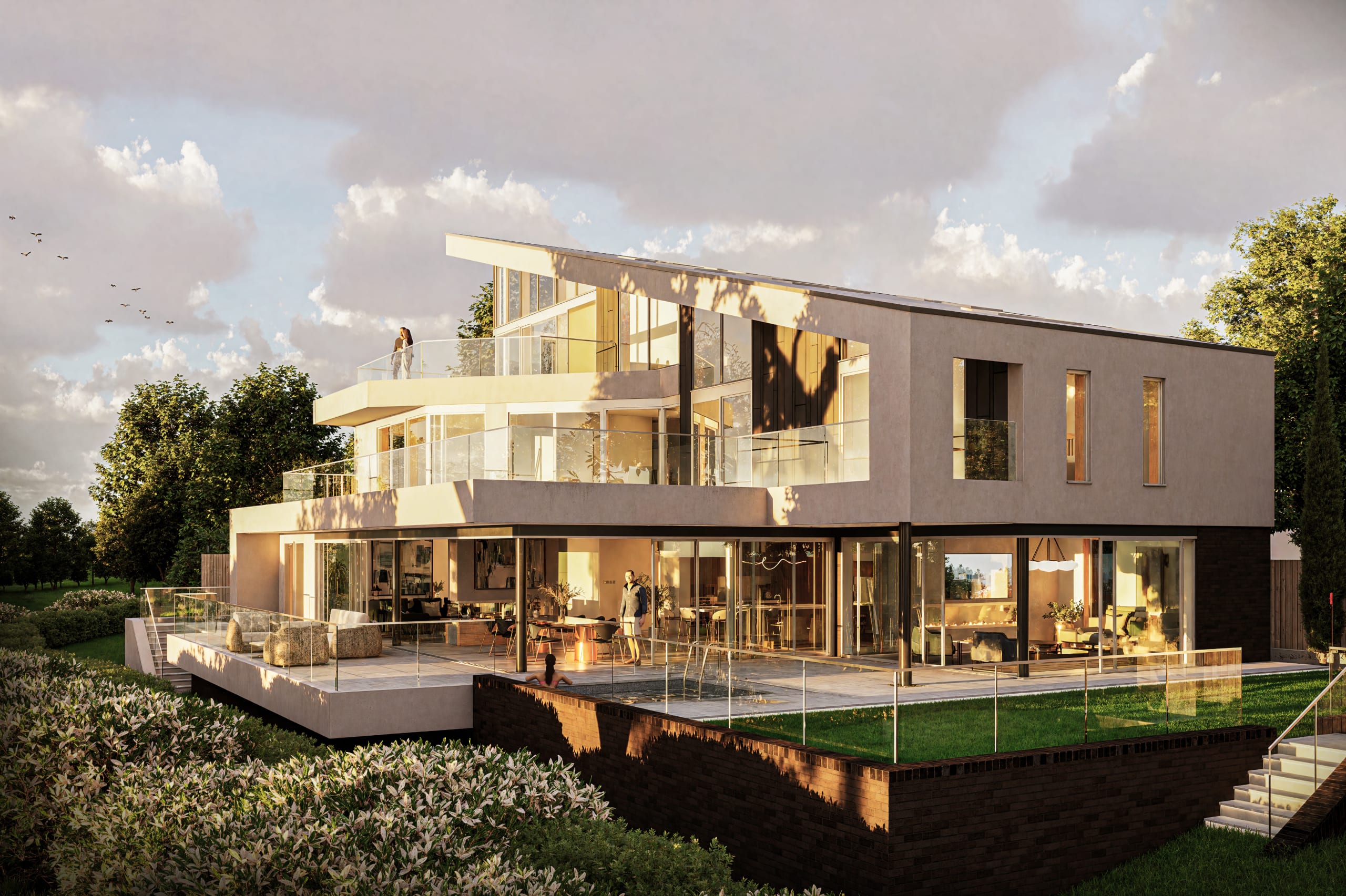 Modern three-story luxury residence with expansive glass walls, terraced balconies, outdoor living space and landscaped garden
