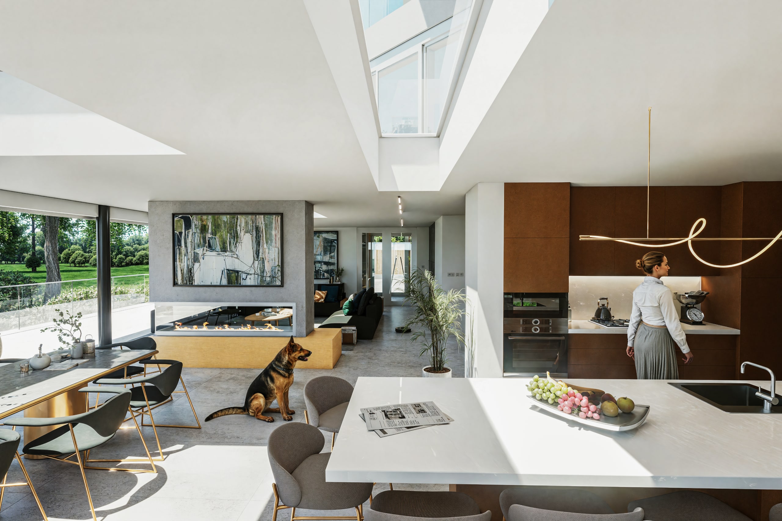 Modern open-plan living space with white kitchen island, concrete fireplace, skylights, German Shepherd dog, and garden views