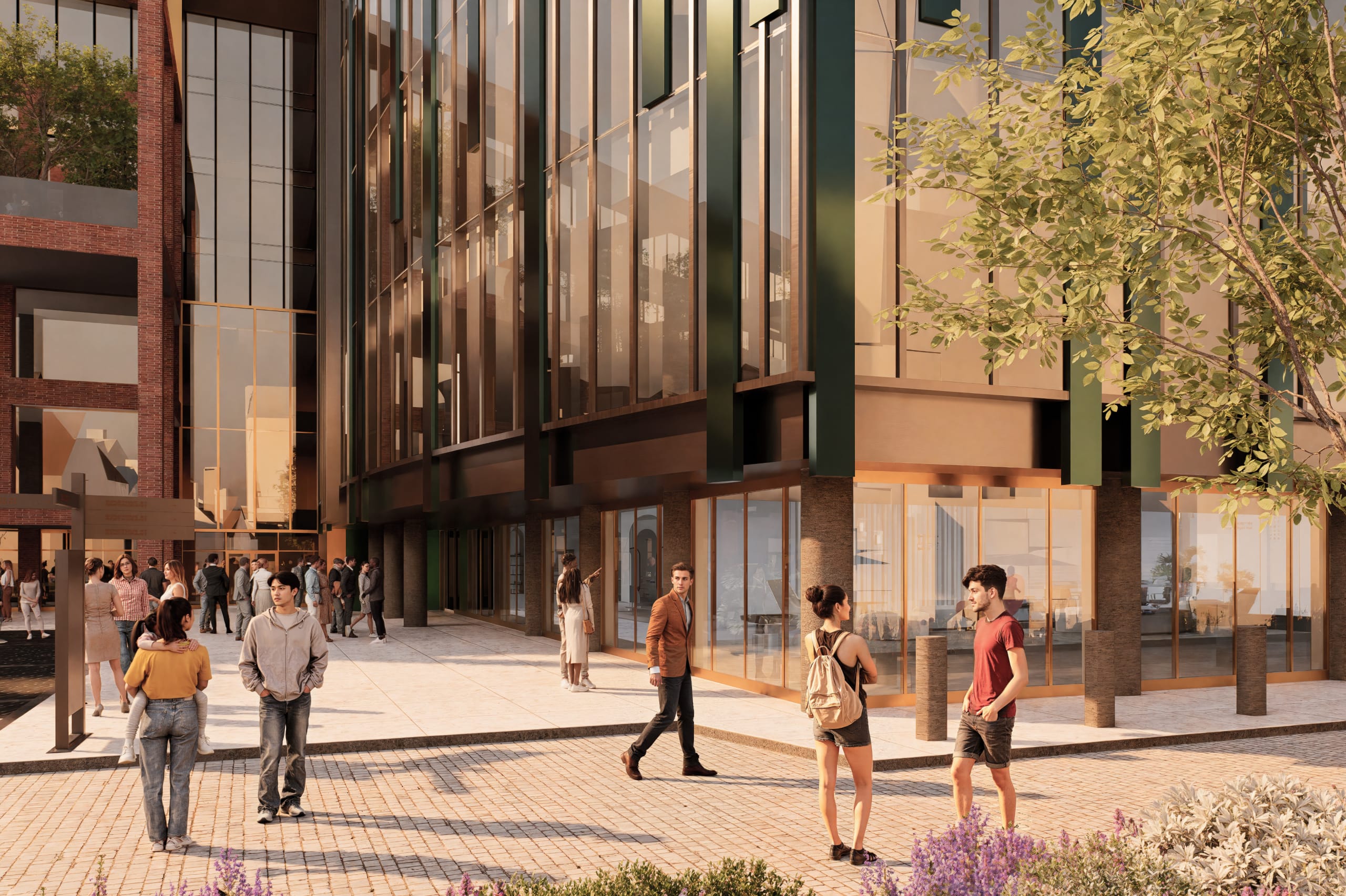 Modern mixed-use building exterior with glass facades, retail spaces at street level, and pedestrians in urban plaza