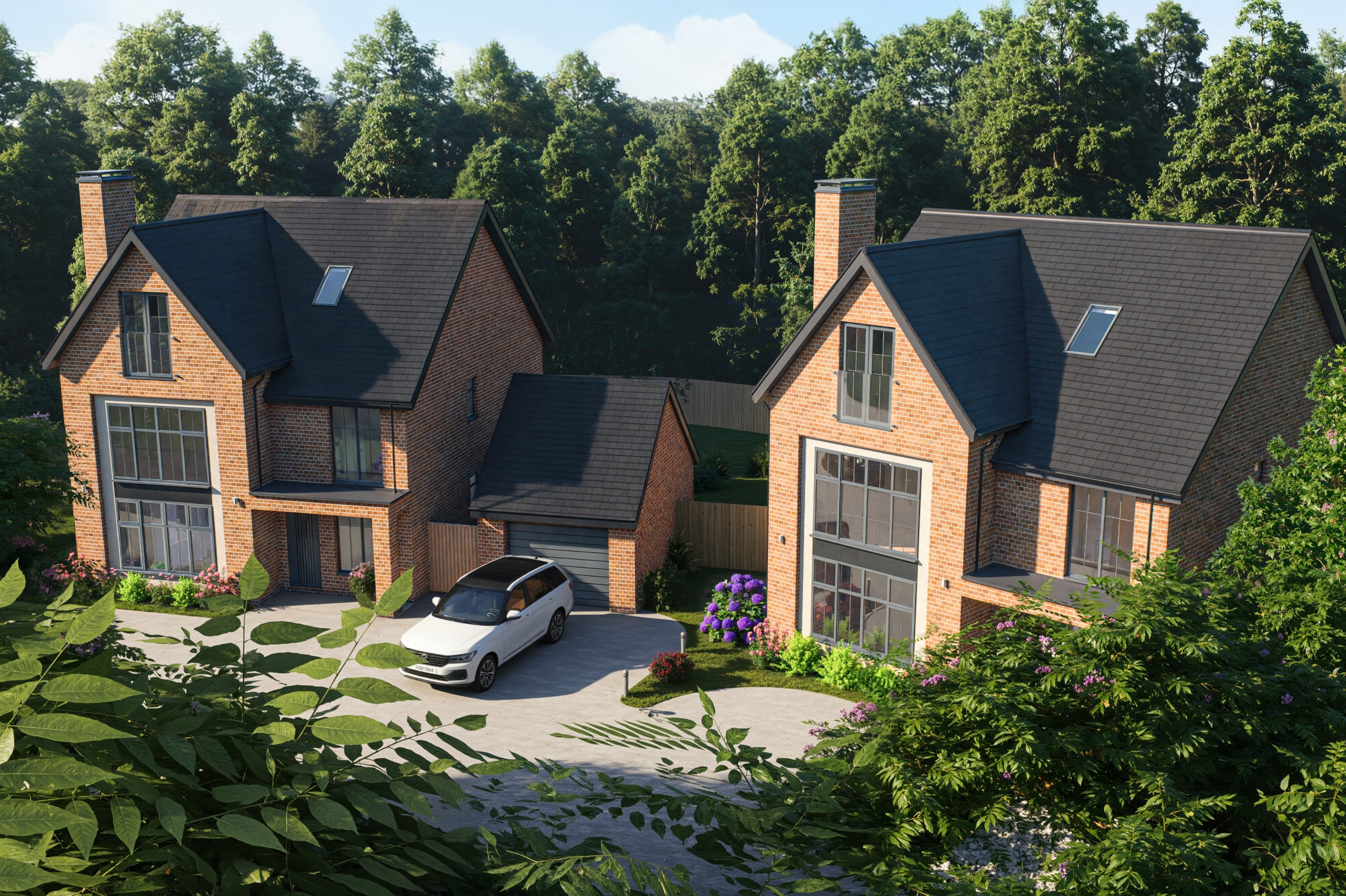 Two modern brick houses with slate roofs, large windows, and landscaped gardens surrounded by mature woodland