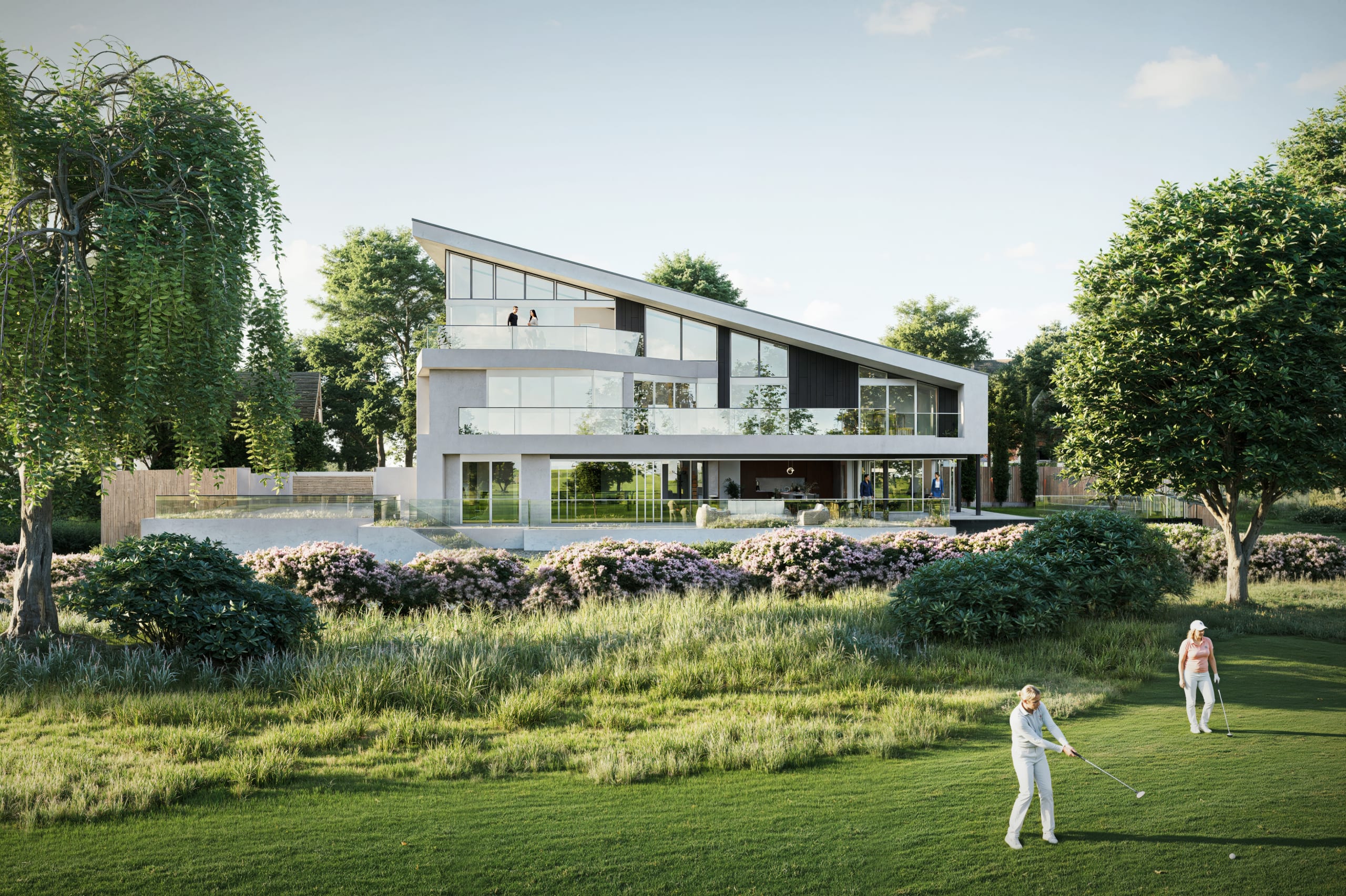 Modern three-story white clubhouse with angular roofline and glass balconies overlooking golf course with two players