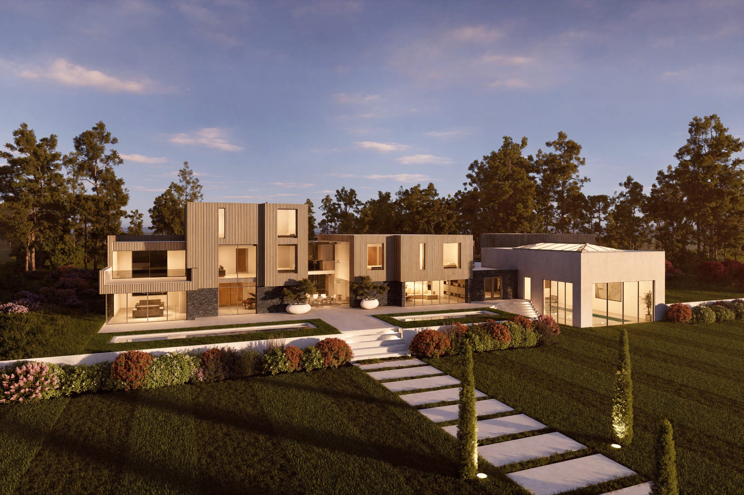 Modern luxury residence with vertical wood cladding, geometric volumes, glass walls, and landscaped garden at dusk