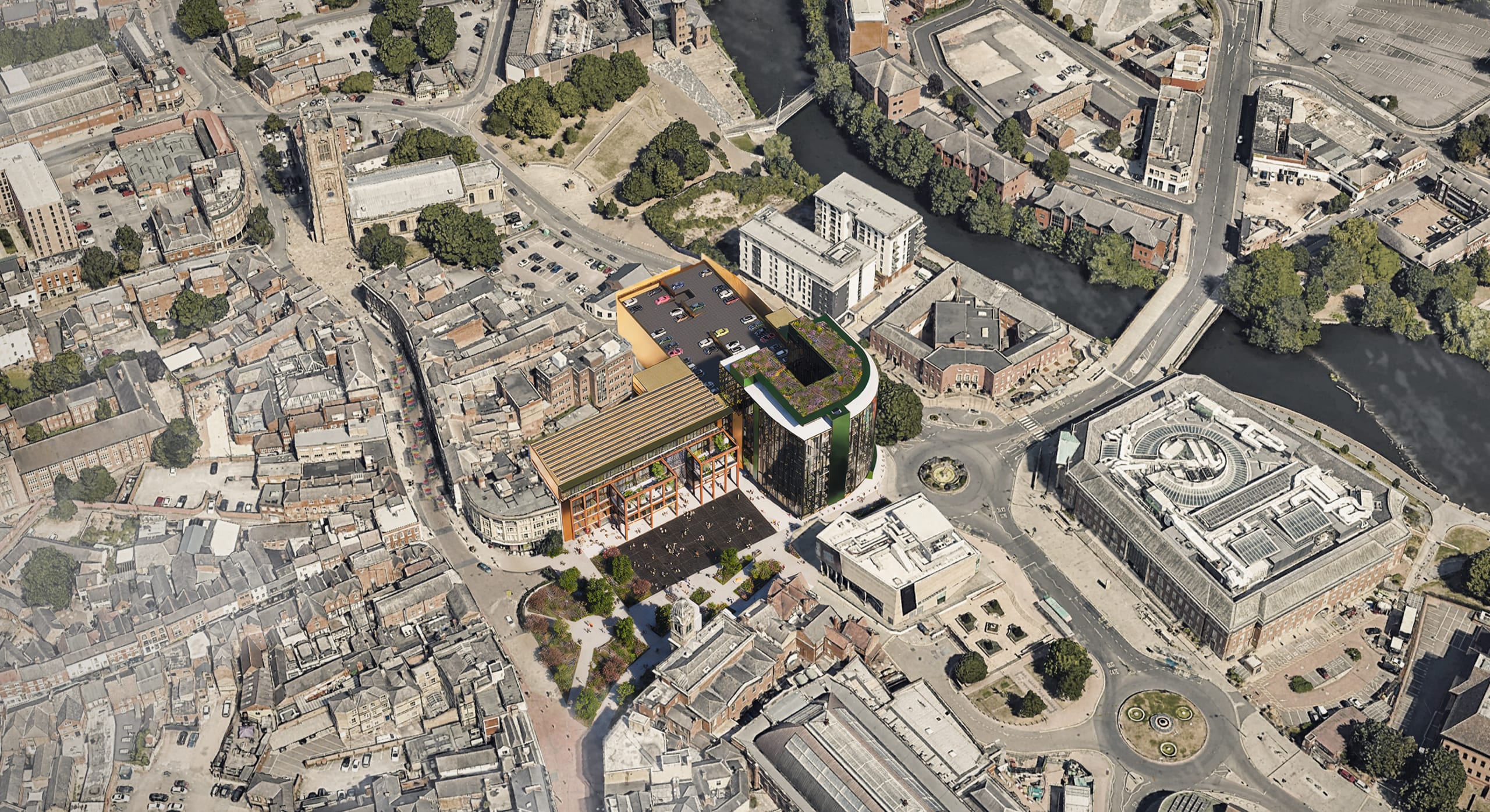 Aerial view of modern mixed-use development with golden facade, green rooftop gardens, and rooftop parking in historic city center
