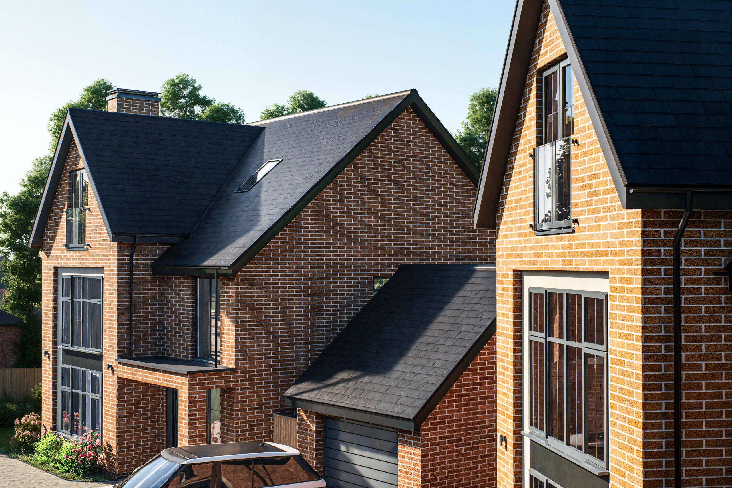 Modern brick detached homes with dark slate roofs, gabled dormers, and contemporary grey-framed windows