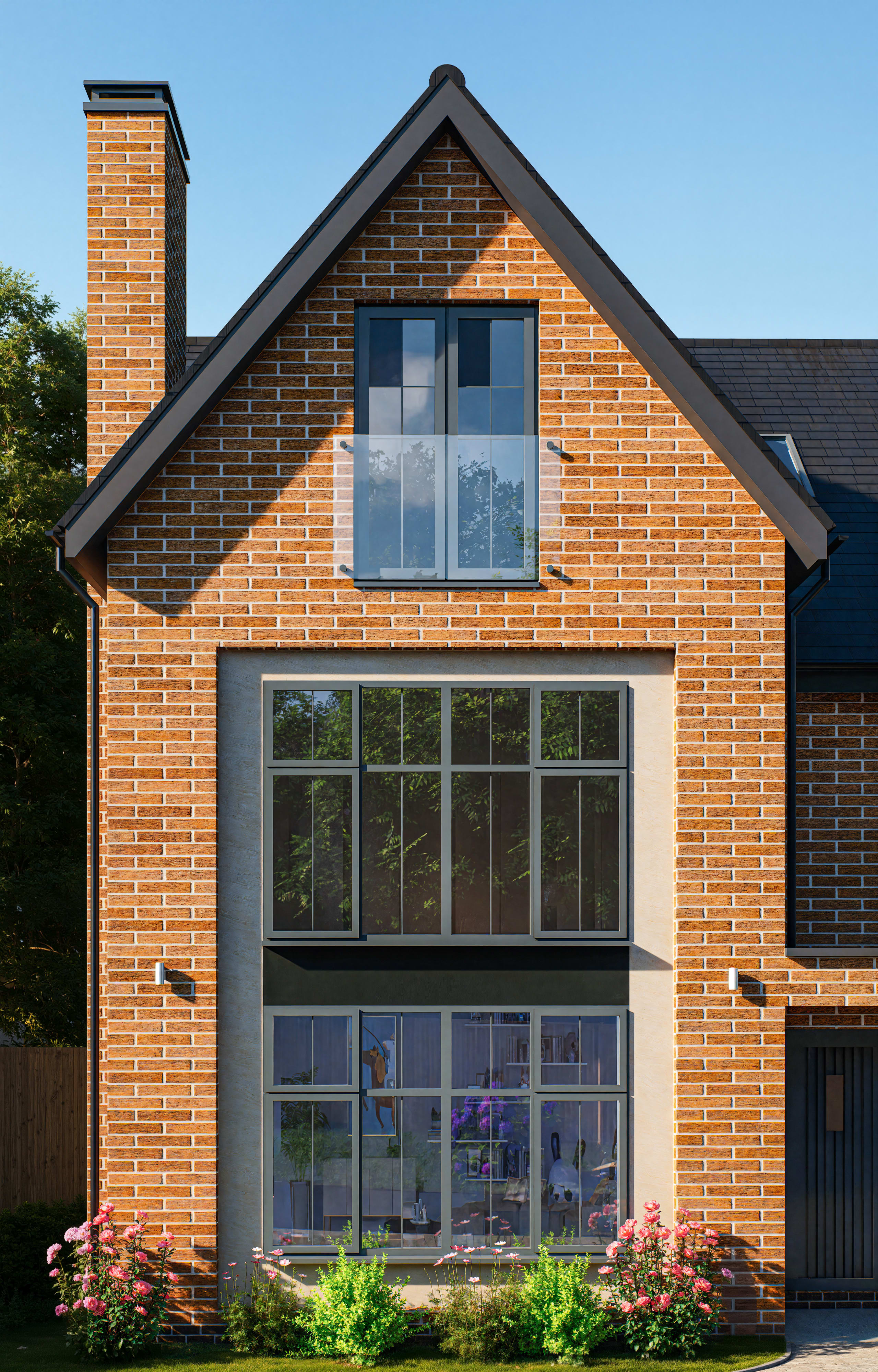 Modern brick home with steep gabled roof, large floor-to-ceiling windows, chimney, and landscaped garden with pink roses