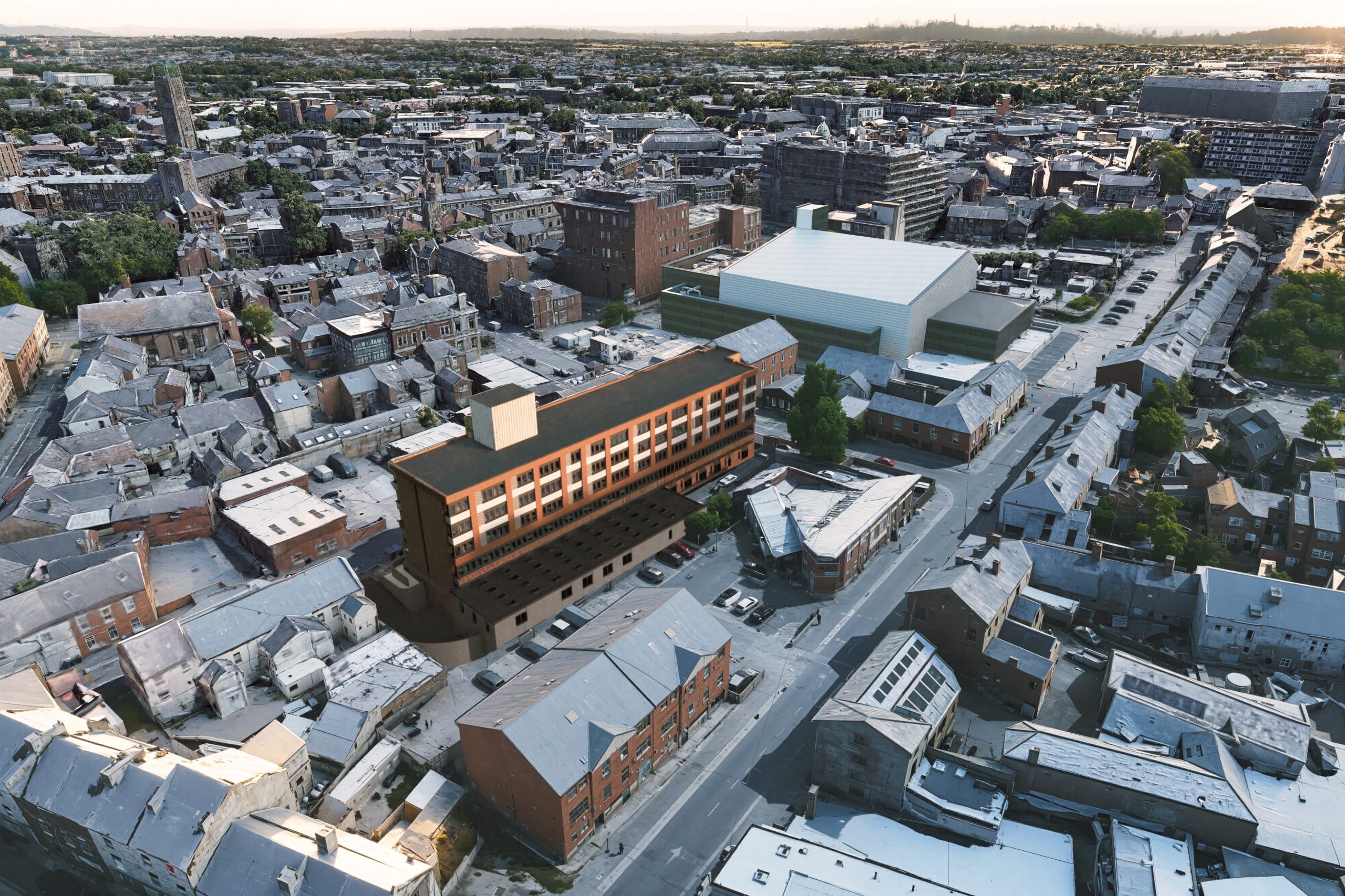Aerial view of proposed multi-story brick apartment building integrated into dense urban neighborhood with historic rowhouses