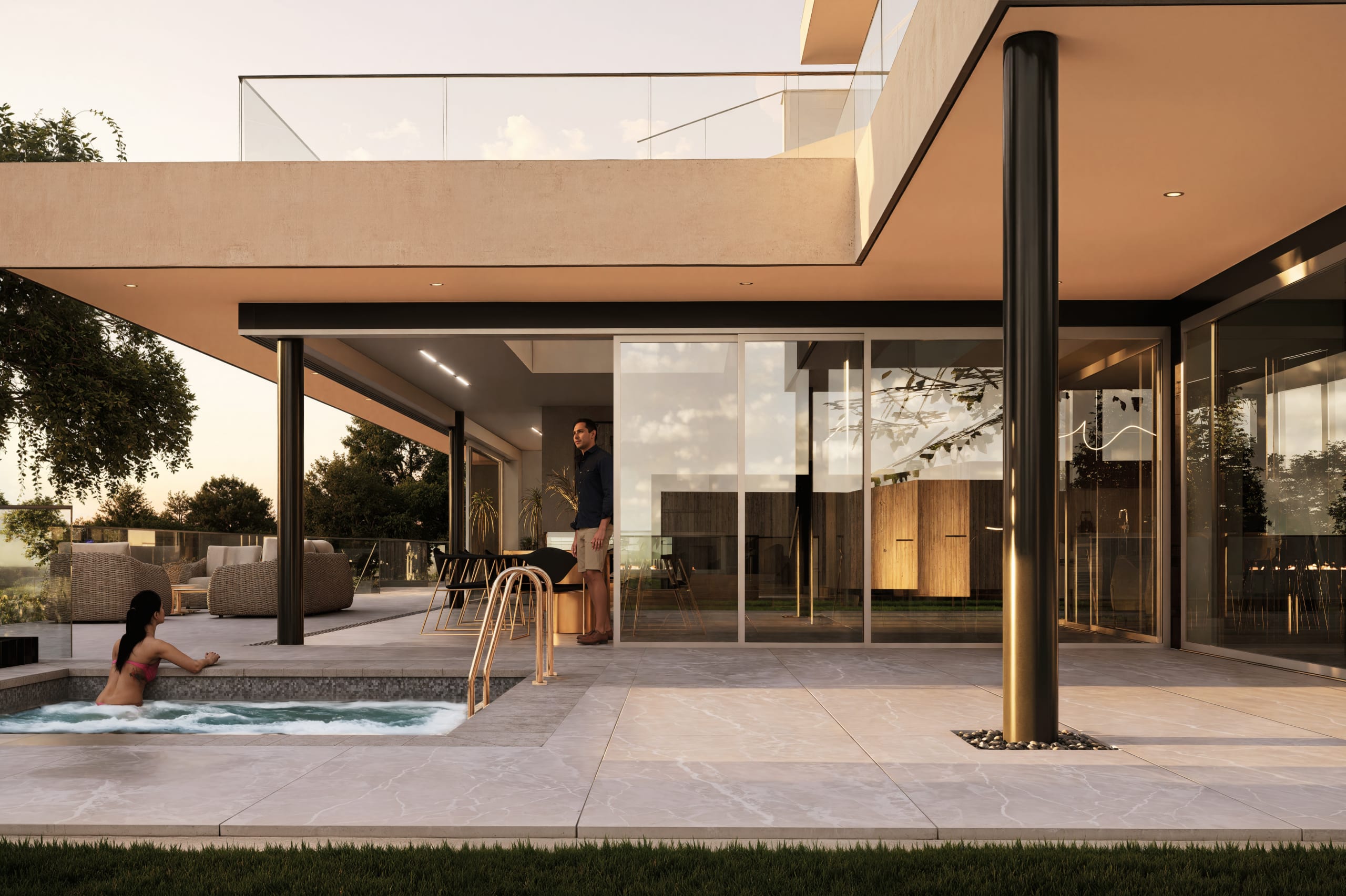 Modern luxury home exterior with covered patio, jacuzzi spa, outdoor seating area, and floor-to-ceiling glass doors at dusk
