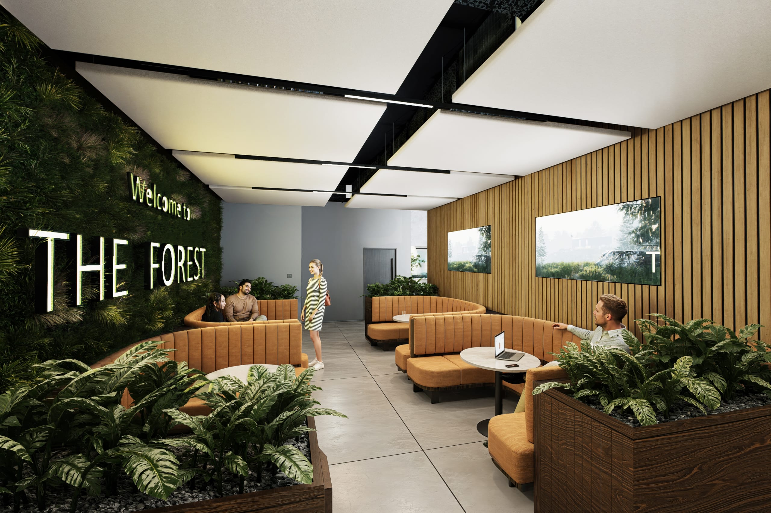 Modern lounge area called The Forest featuring curved tan seating, living green wall, wood slat panels, and abundant plants