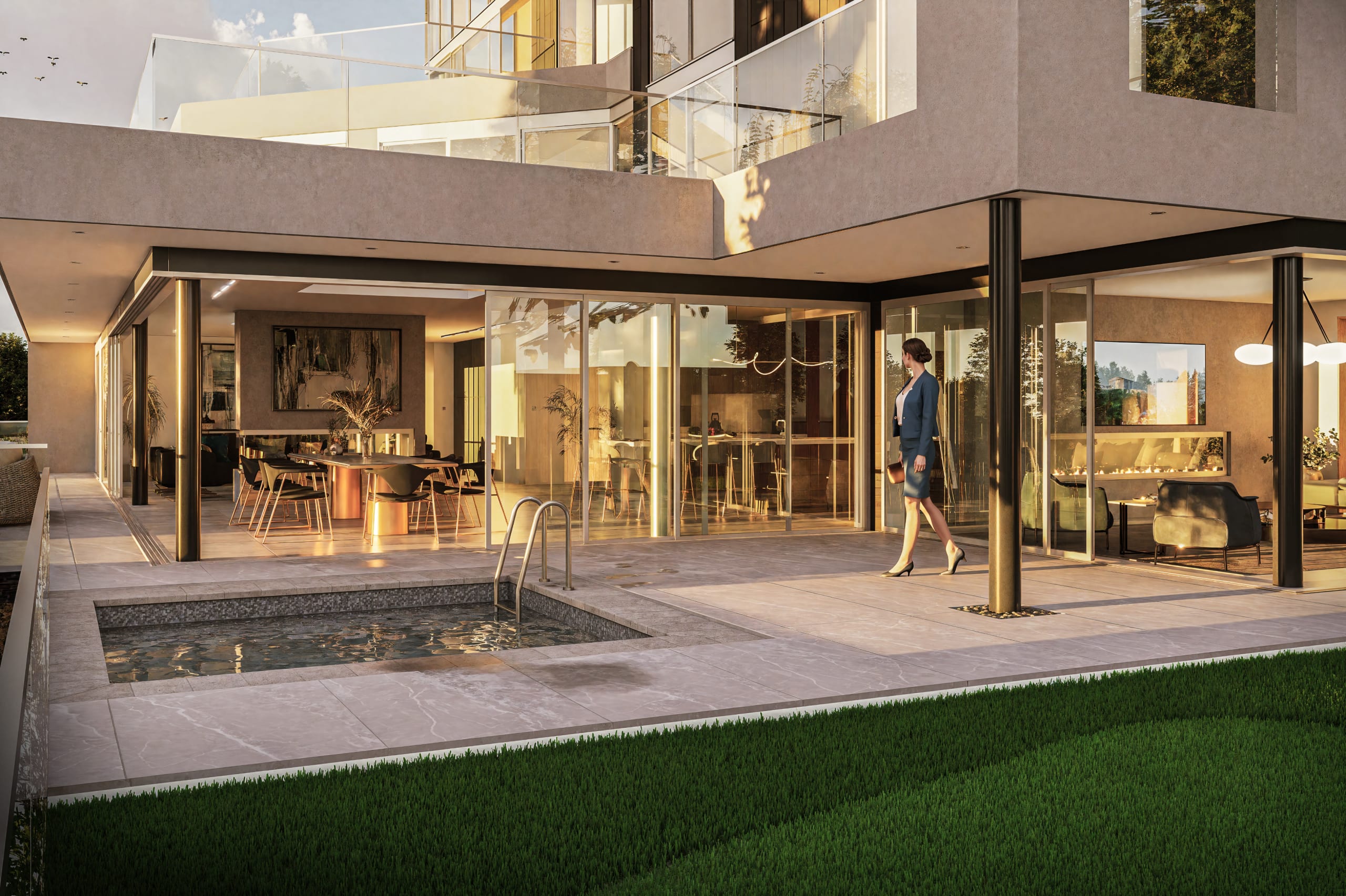 Modern luxury residence with floor-to-ceiling glass walls, outdoor pool, covered patio, and manicured lawn at dusk