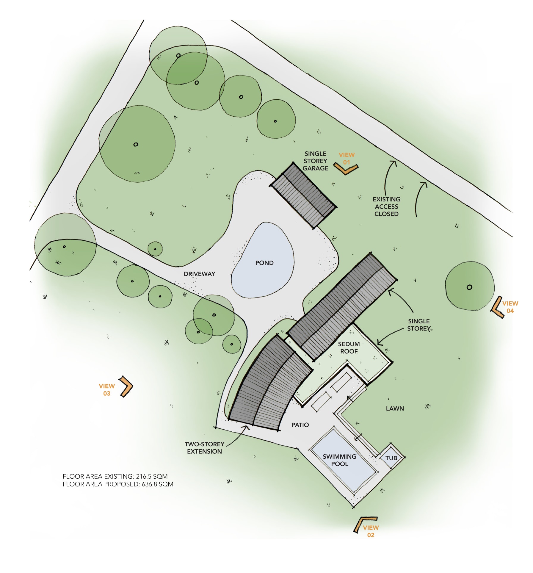 Site plan showing proposed residential extension with single storey garage, sedum roof, swimming pool, pond and landscaping