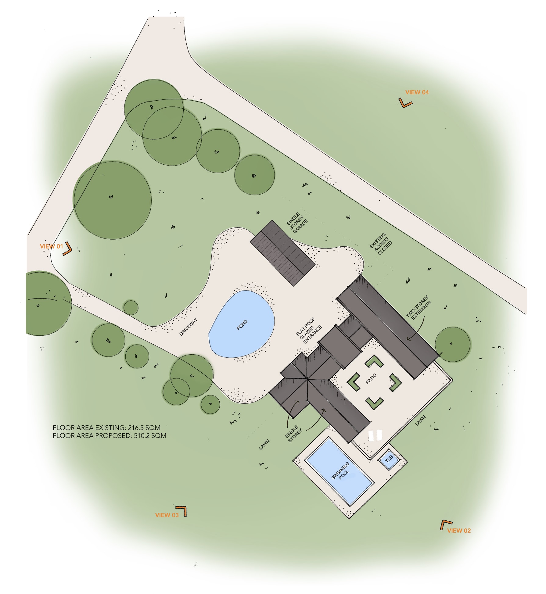 Site plan showing proposed residential development with single storey garage, two-storey extension, pond, swimming pool and landscaped gardens