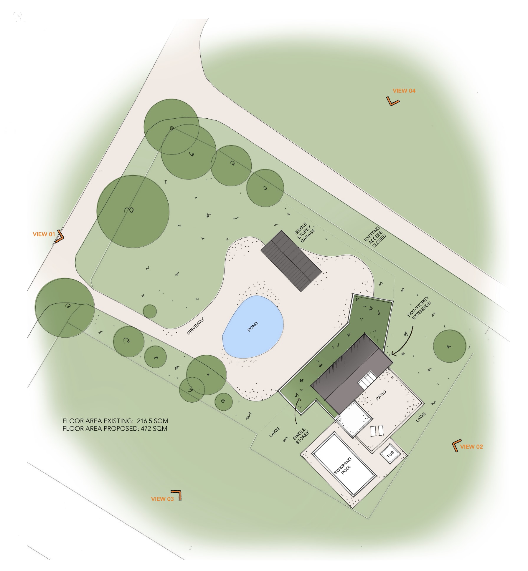 Site plan showing proposed residential extension with two-storey addition, single storey garage, pond, swimming pool and landscaping