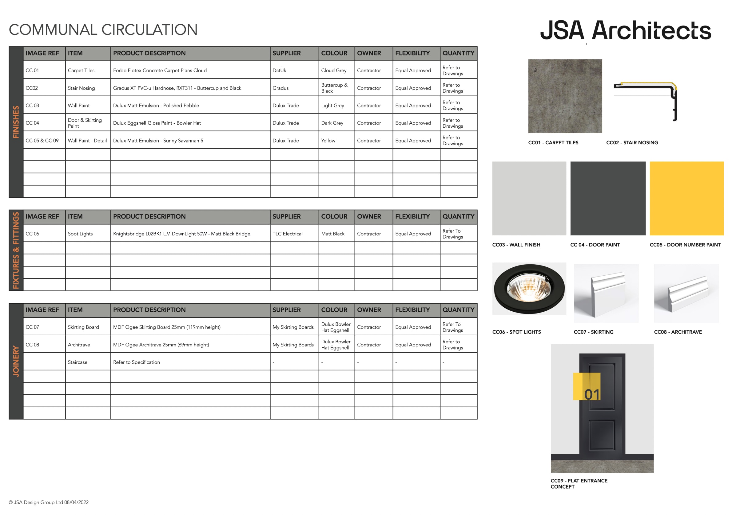 Communal circulation materials schedule showing finishes, fixtures, fittings and joinery specifications with product samples