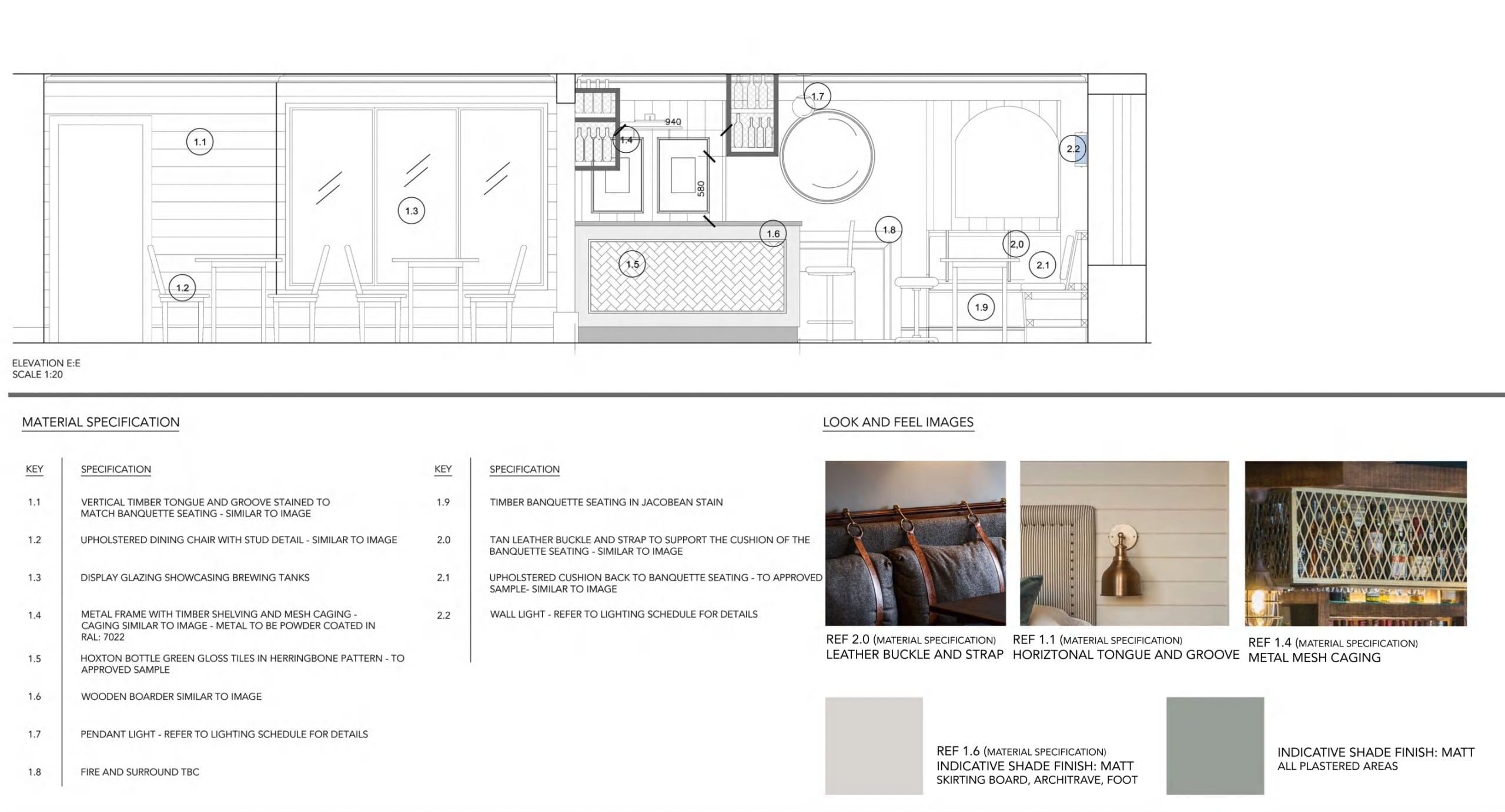 Interior elevation drawing showing restaurant seating area with banquette, fireplace, and material specifications at 1:20 scale