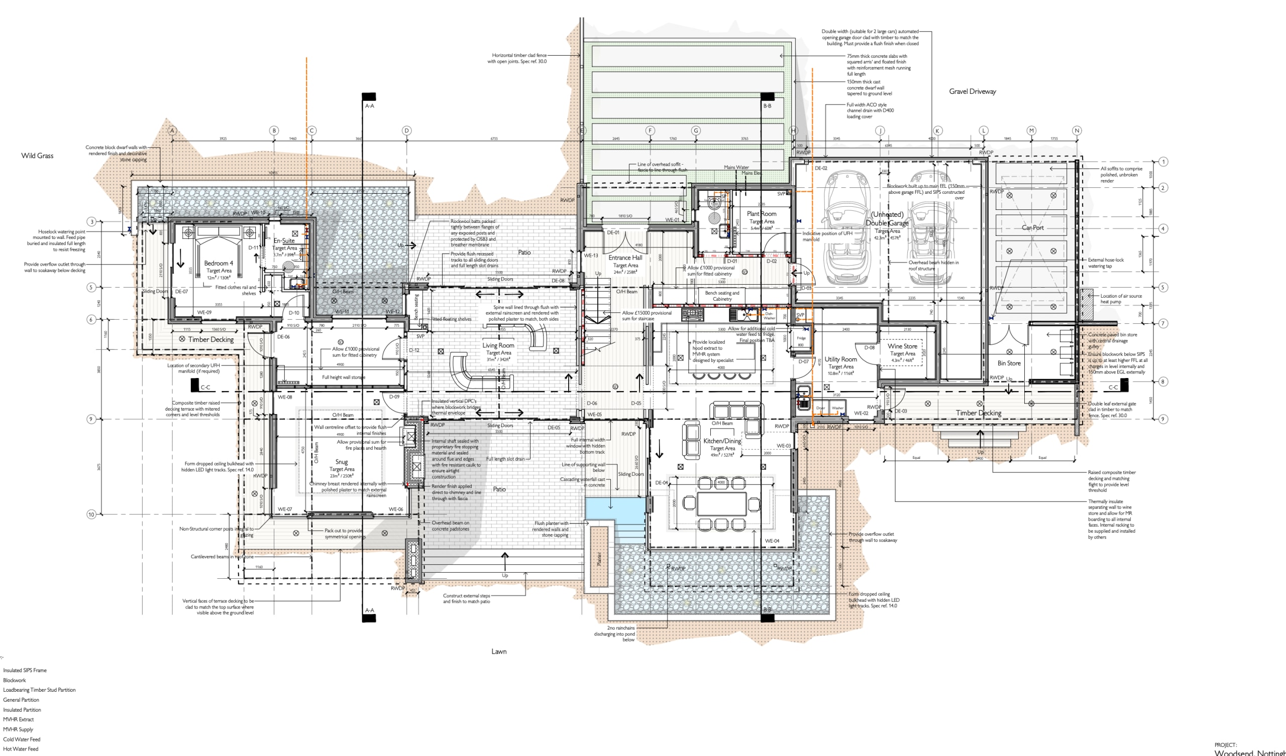 Detailed architectural floor plan for Woodsend Nottingham residential project showing room layouts and technical annotations