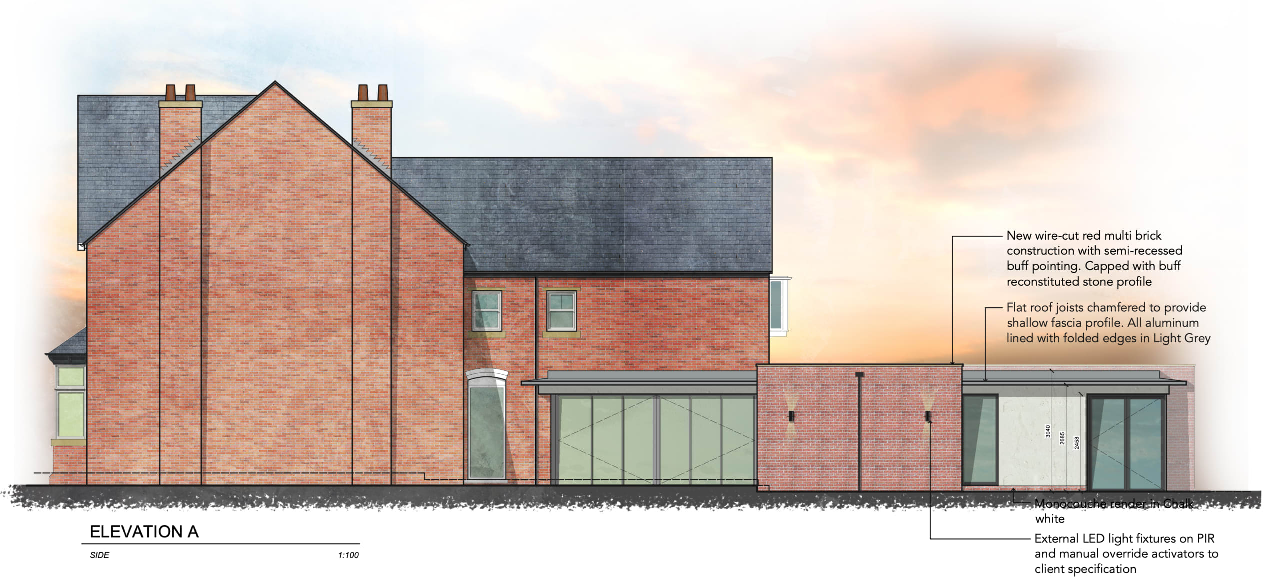Side elevation architectural drawing of brick house extension with modern flat-roof glazed addition, scale 1:100