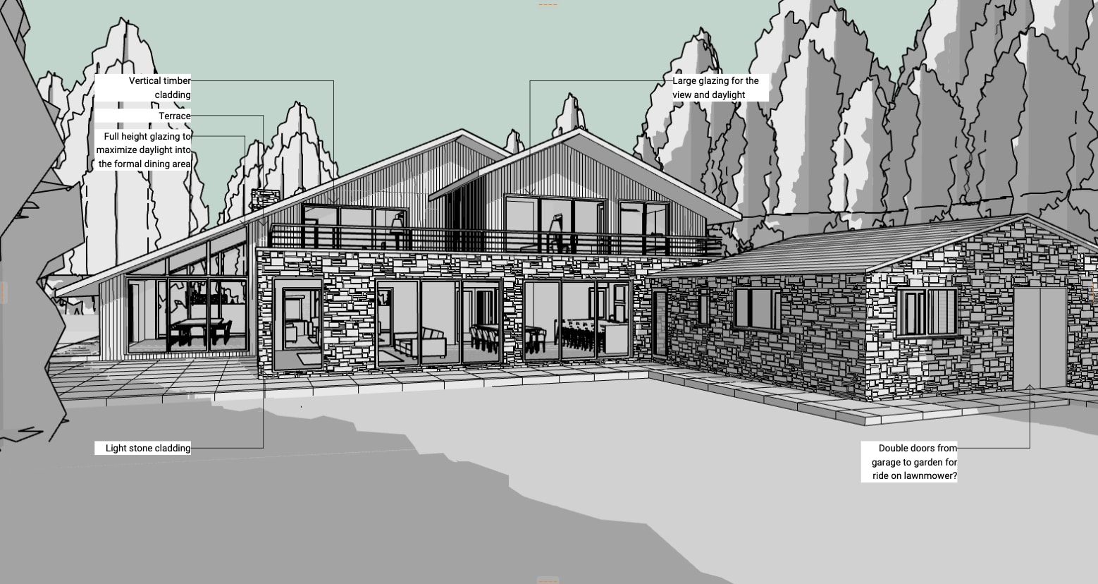 PLACEHOLDER: Concept model view showing light creamy stone walls, charred black timber and a steel roof
