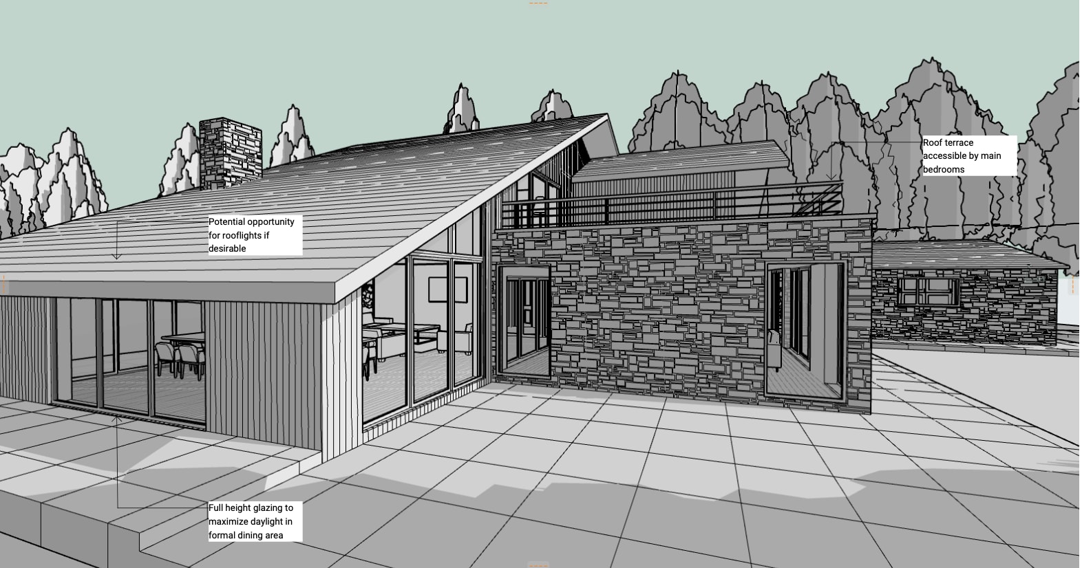 PLACEHOLDER: Concept model three-quarter view of the house from the approach