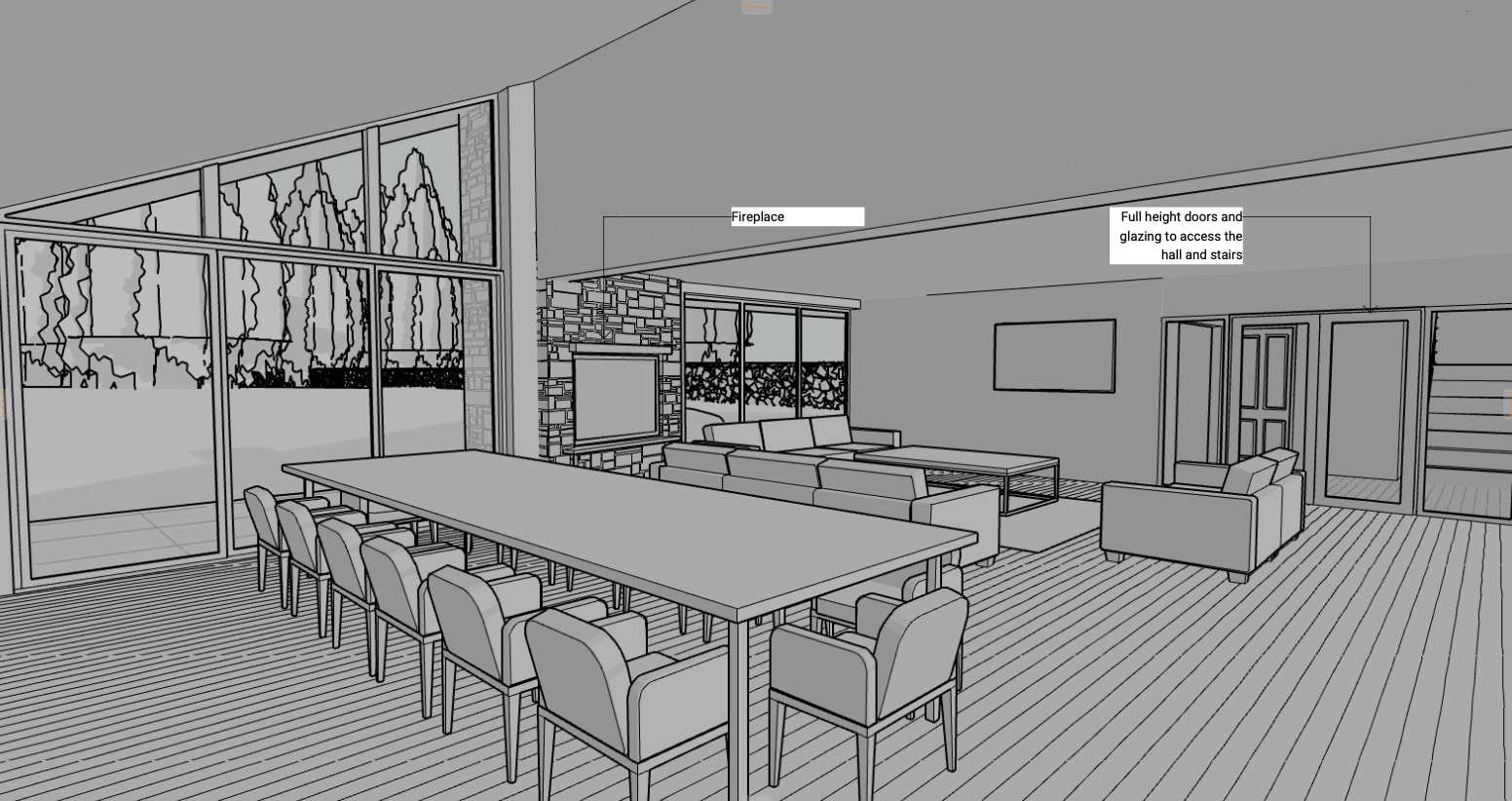 PLACEHOLDER: Concept model view of the double-height great room with its stone chimneys