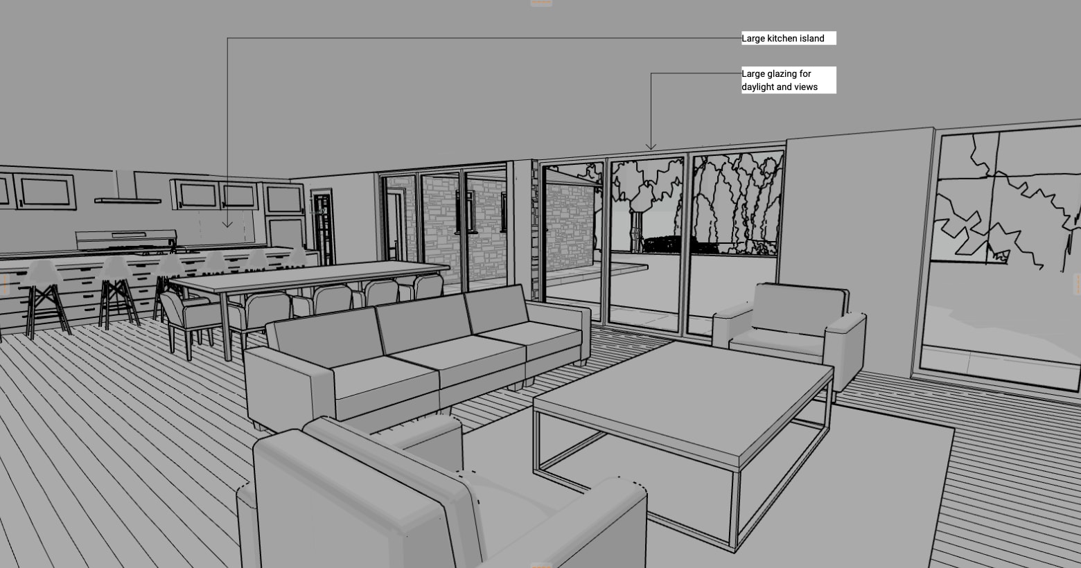 PLACEHOLDER: Concept model view of the house in its wooded hilltop setting, seen from a distance