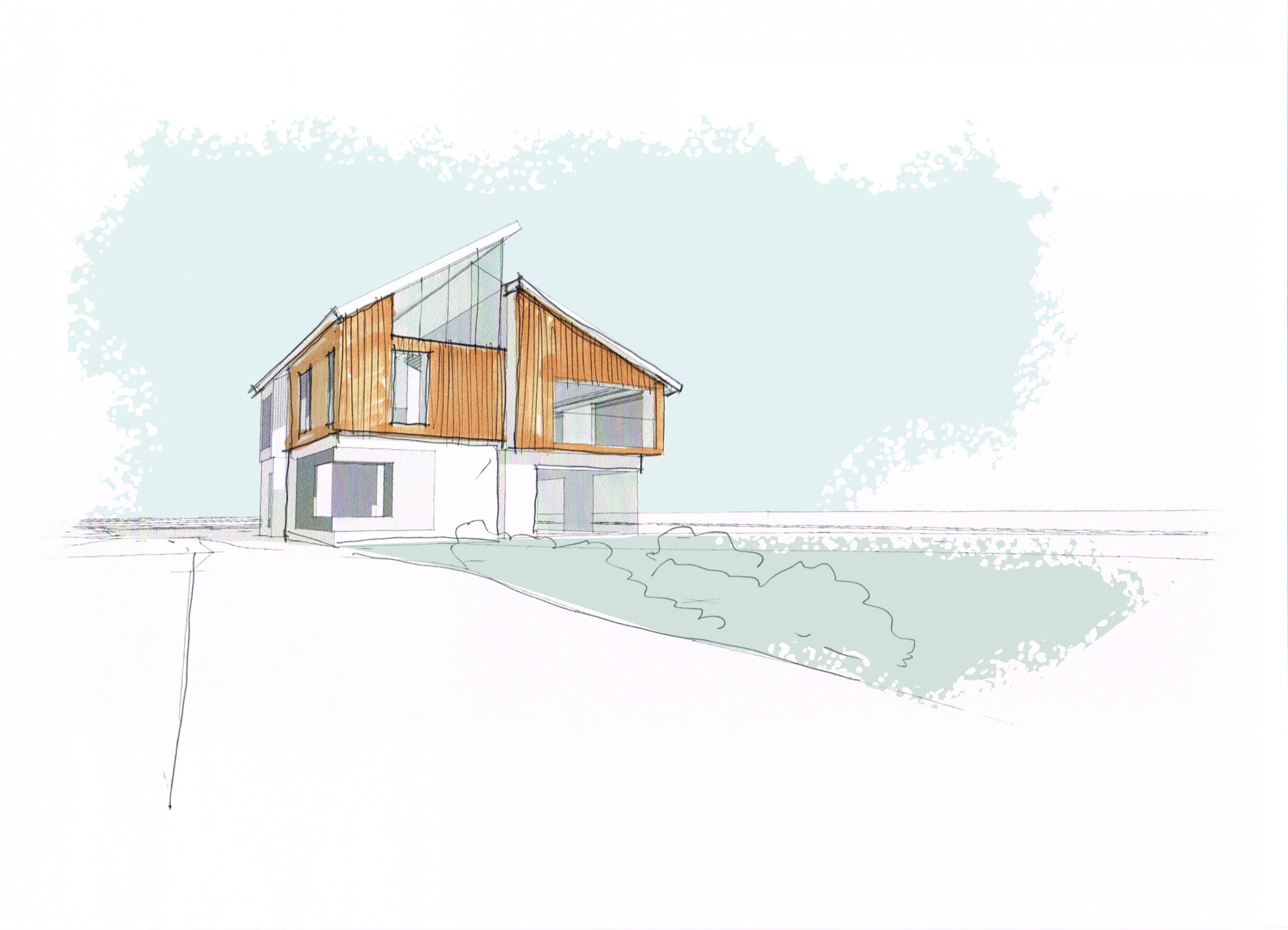 Architectural sketch of modern two-story home with wood-clad upper level, white base, and asymmetrical pitched roof