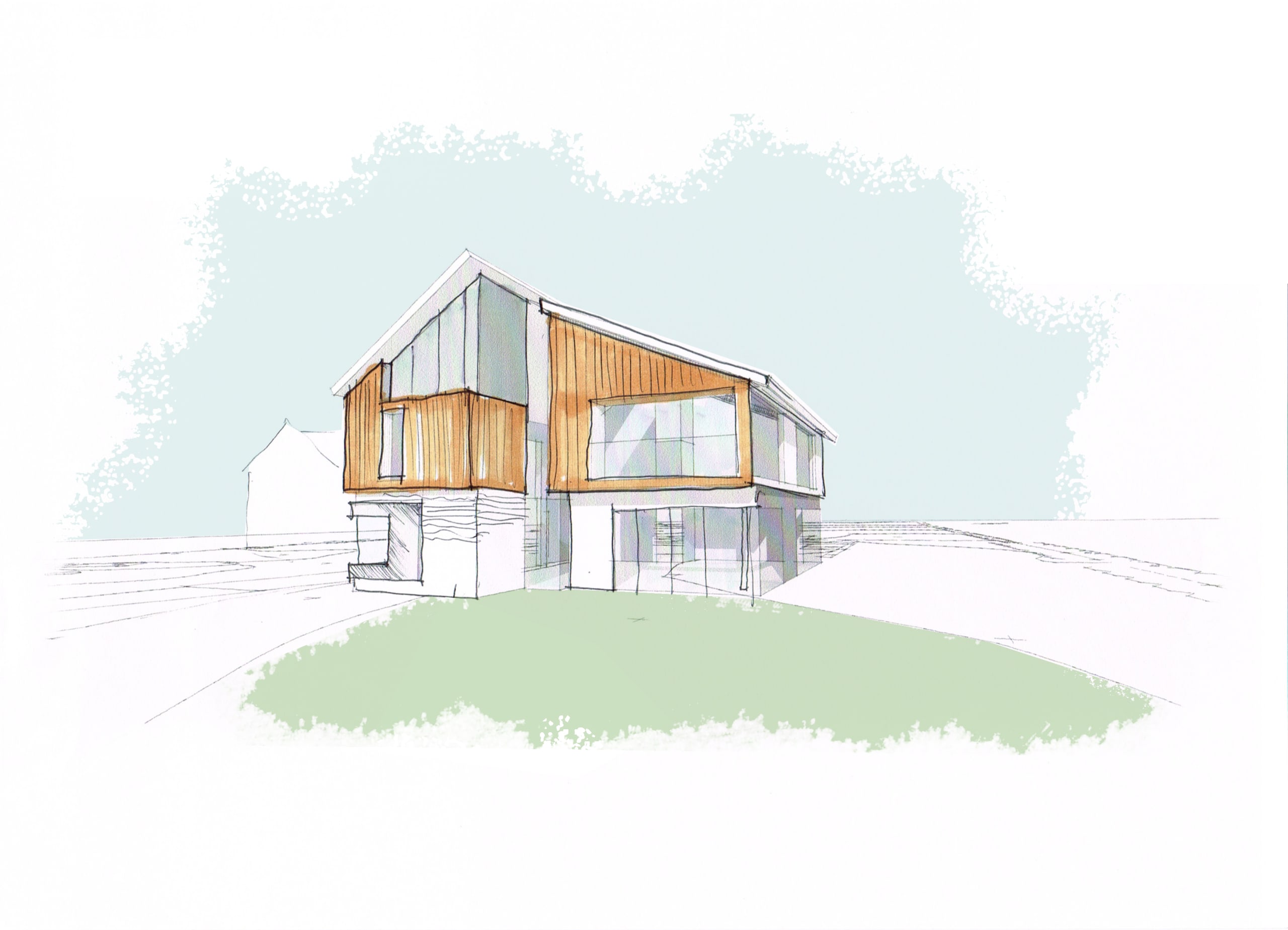 Architectural sketch of modern two-story home with wooden cladding, large windows, and gabled roof