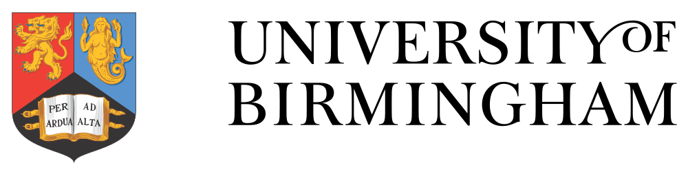 University of Birmingham logo featuring a heraldic shield with lion, mermaid, and open book with Latin motto