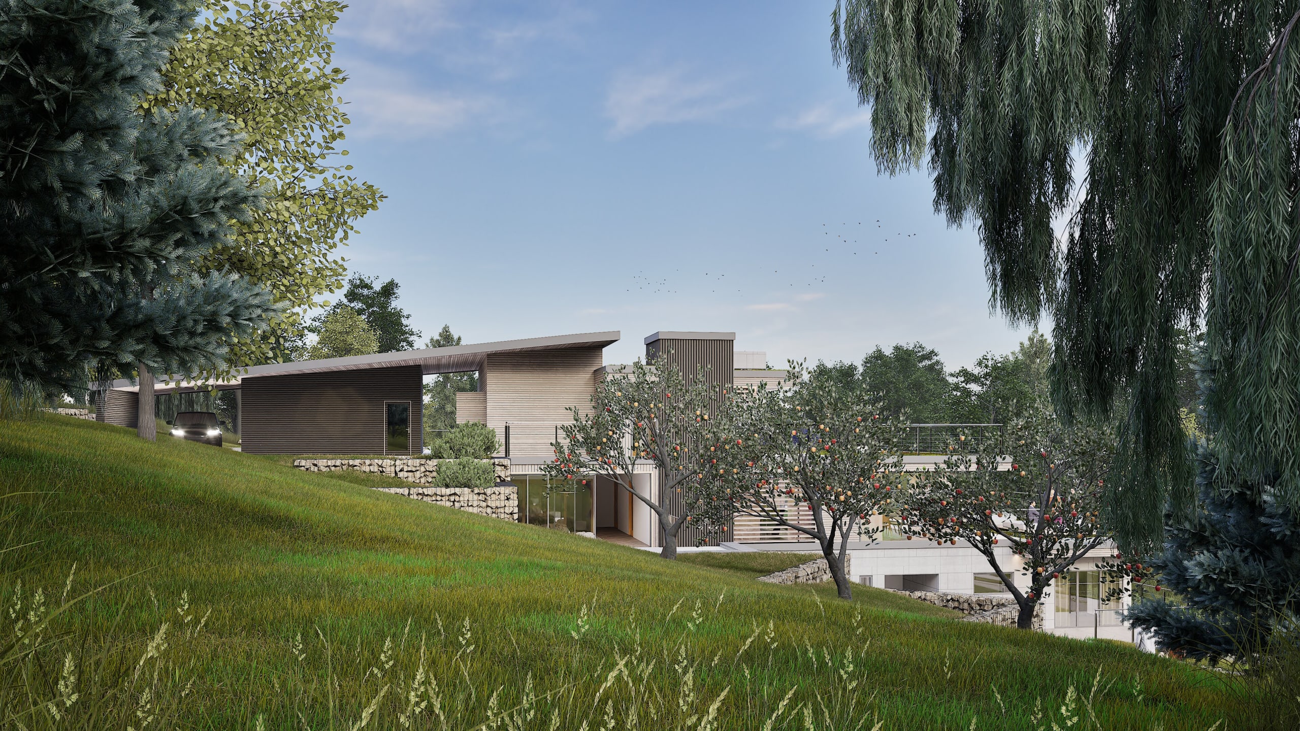 Modern multi-level residential complex with horizontal wood cladding set into hillside with fruit trees and willow trees