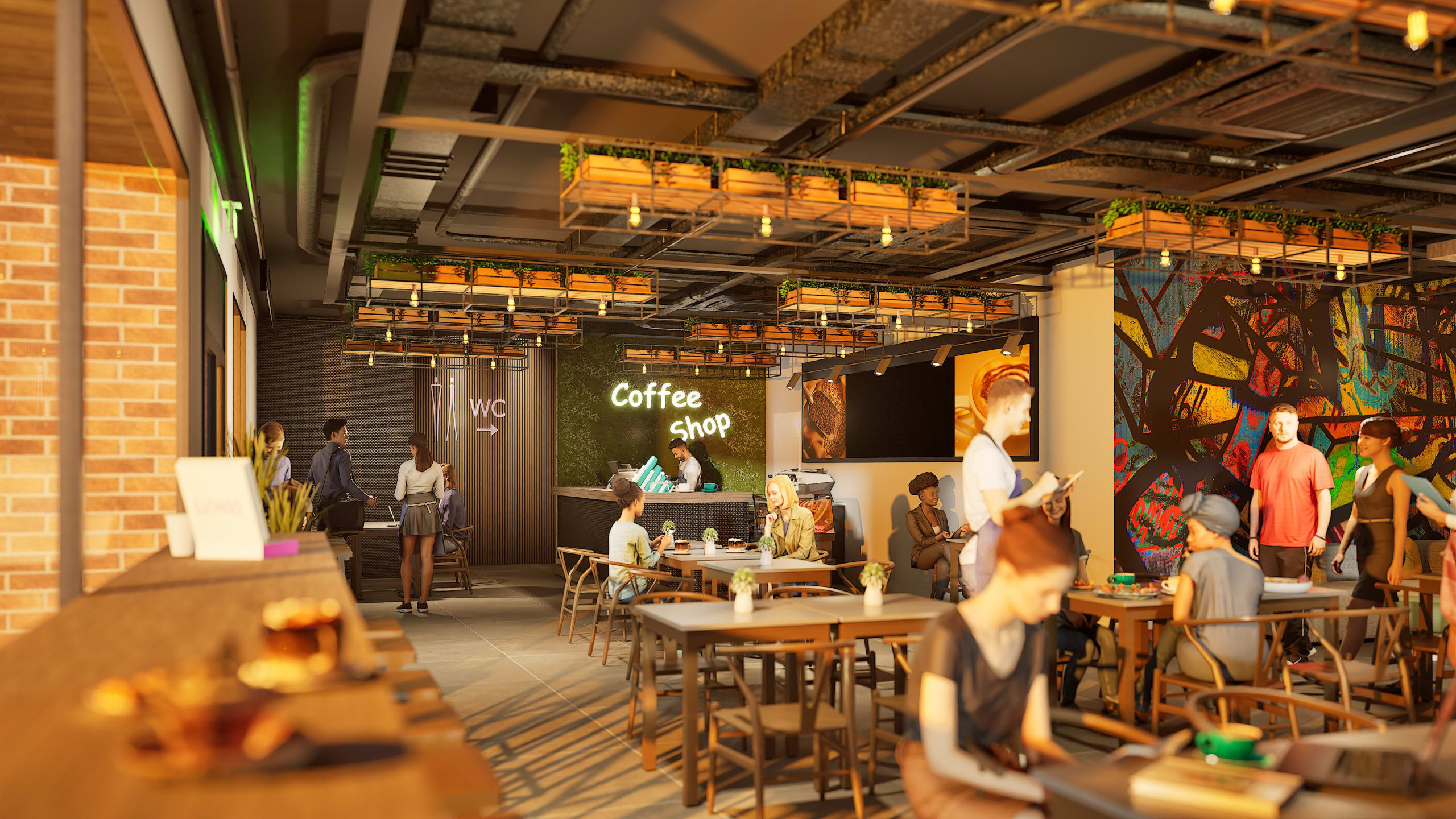 Modern coffee shop interior with industrial ceiling, neon signage, exposed brick, greenery accents, and patrons at tables