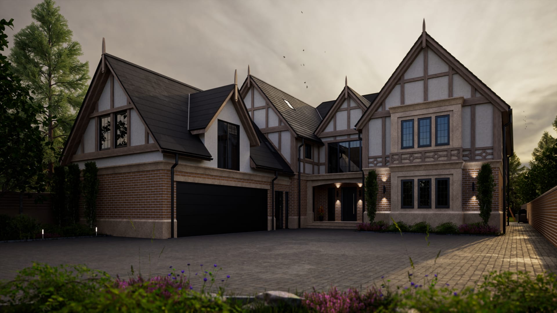 Large Tudor-style luxury home with half-timbered gables, dark roof, brick garage, and landscaped driveway at dusk