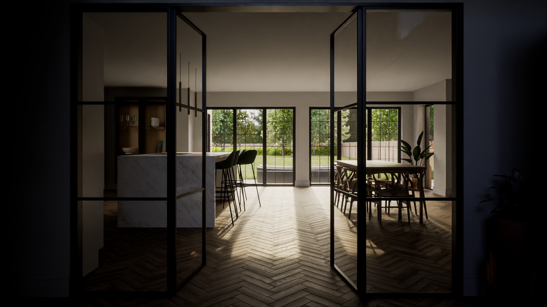 Modern open-plan kitchen and dining area with black steel-framed glass doors, herringbone wood floors, and garden views