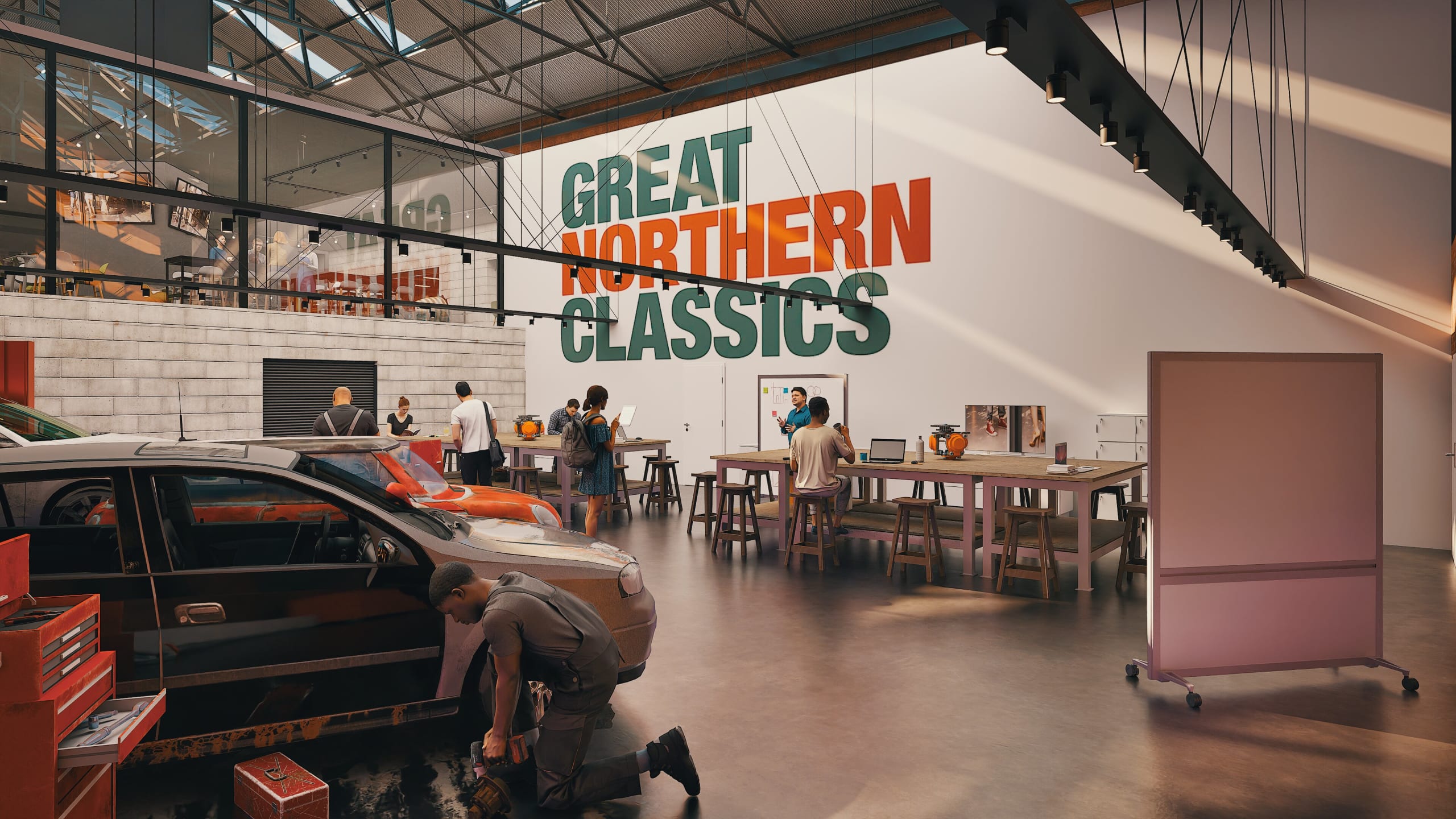Modern industrial workshop interior with Great Northern Classics branding, featuring car restoration area and collaborative workspace