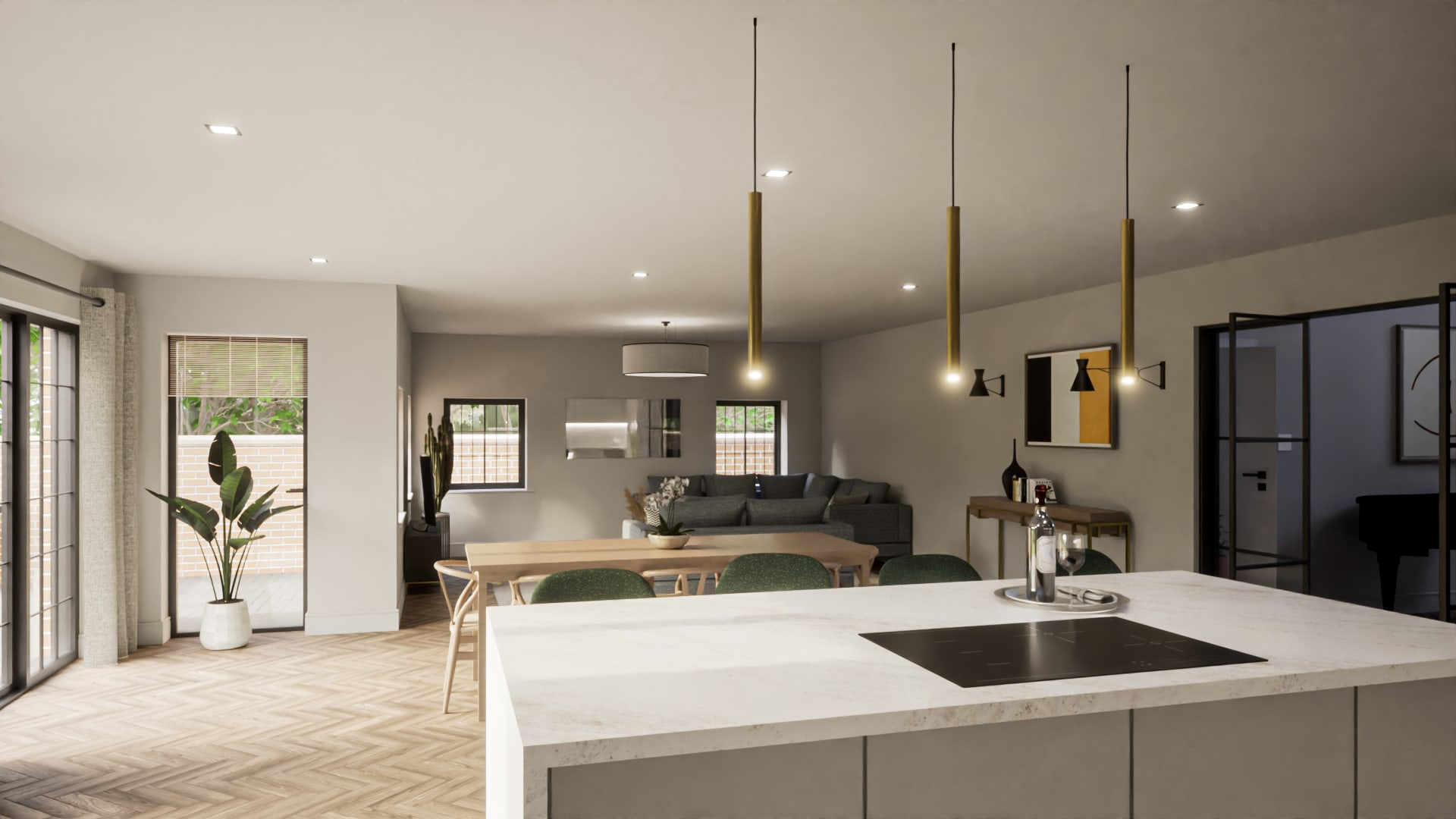 Modern open-plan living space with kitchen island, herringbone wood floors, dining area, and contemporary pendant lighting