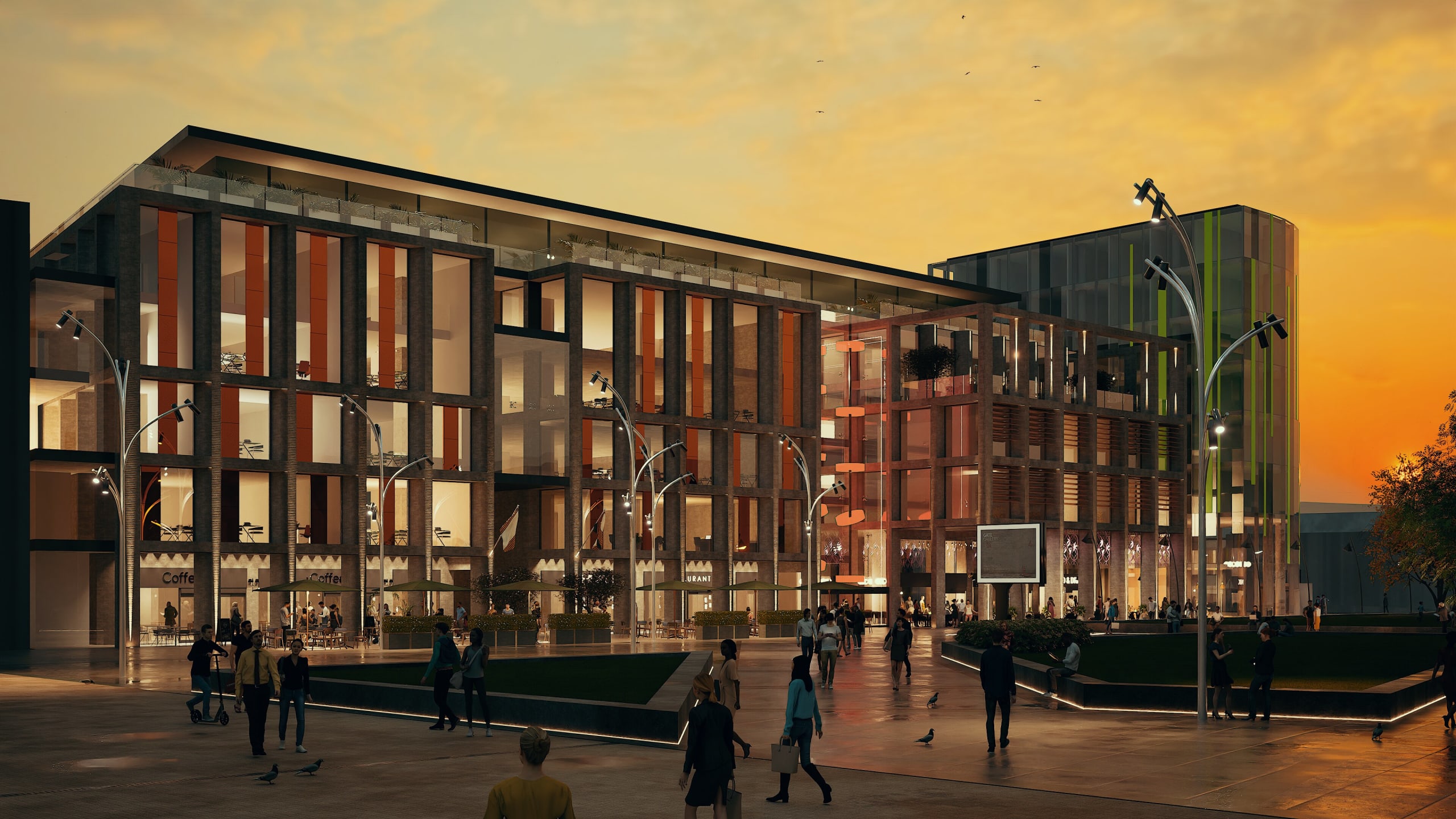Modern mixed-use commercial complex at dusk featuring vertical facade elements, outdoor dining, and pedestrian plaza