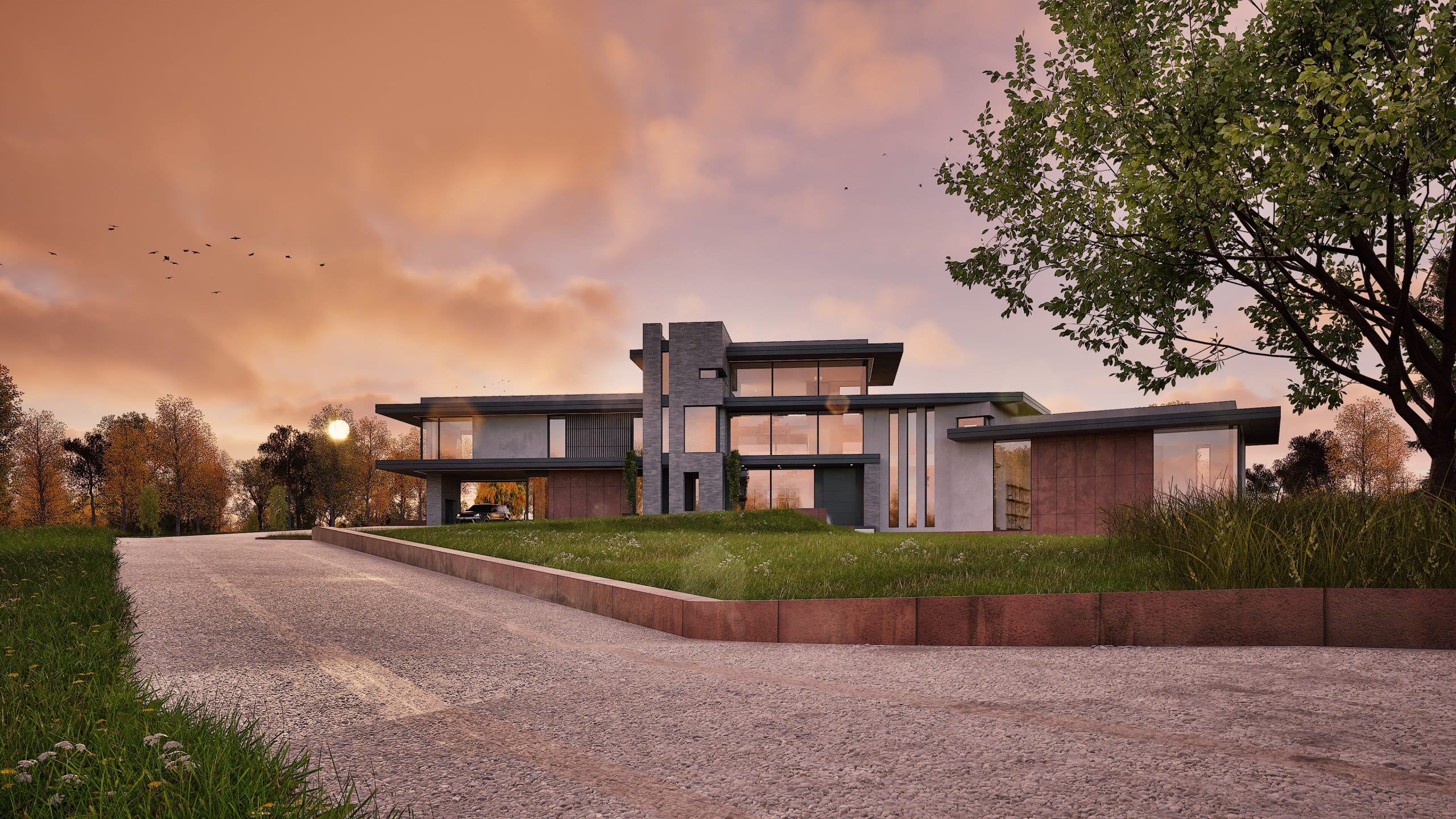 Modern two-story residential home with flat roofs, stone accents, and expansive glass windows at sunset