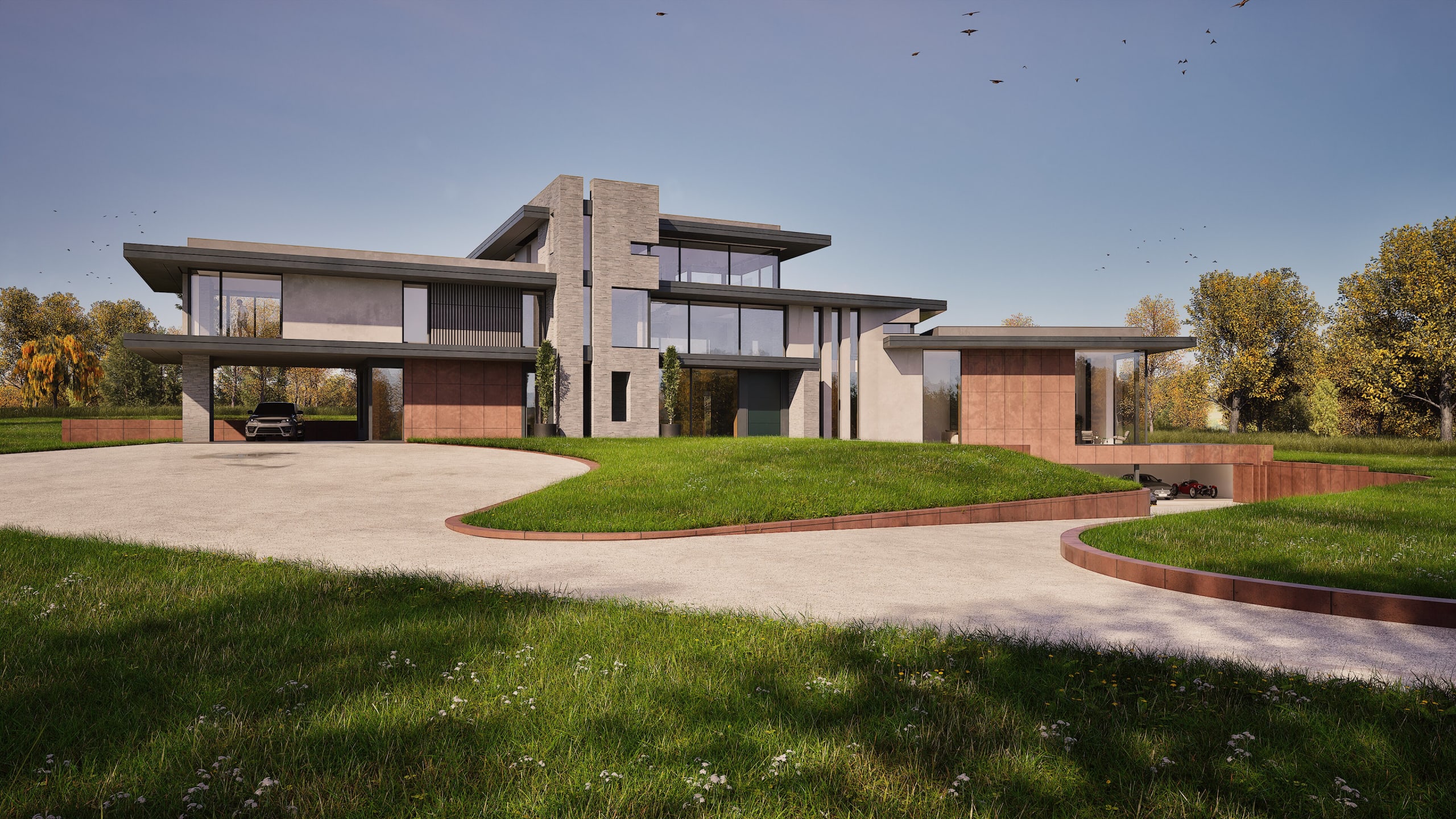Modern luxury residence with cantilevered upper floor, stone accents, expansive glass walls, and underground garage