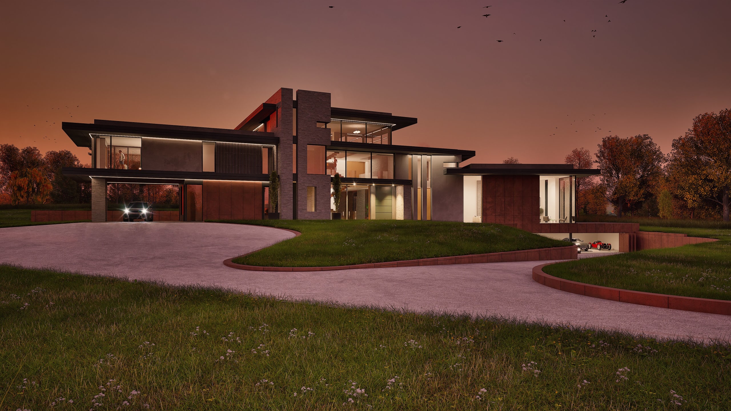 Modern two-story luxury residence at dusk featuring expansive glass walls, flat roofs, and circular driveway with underground garage
