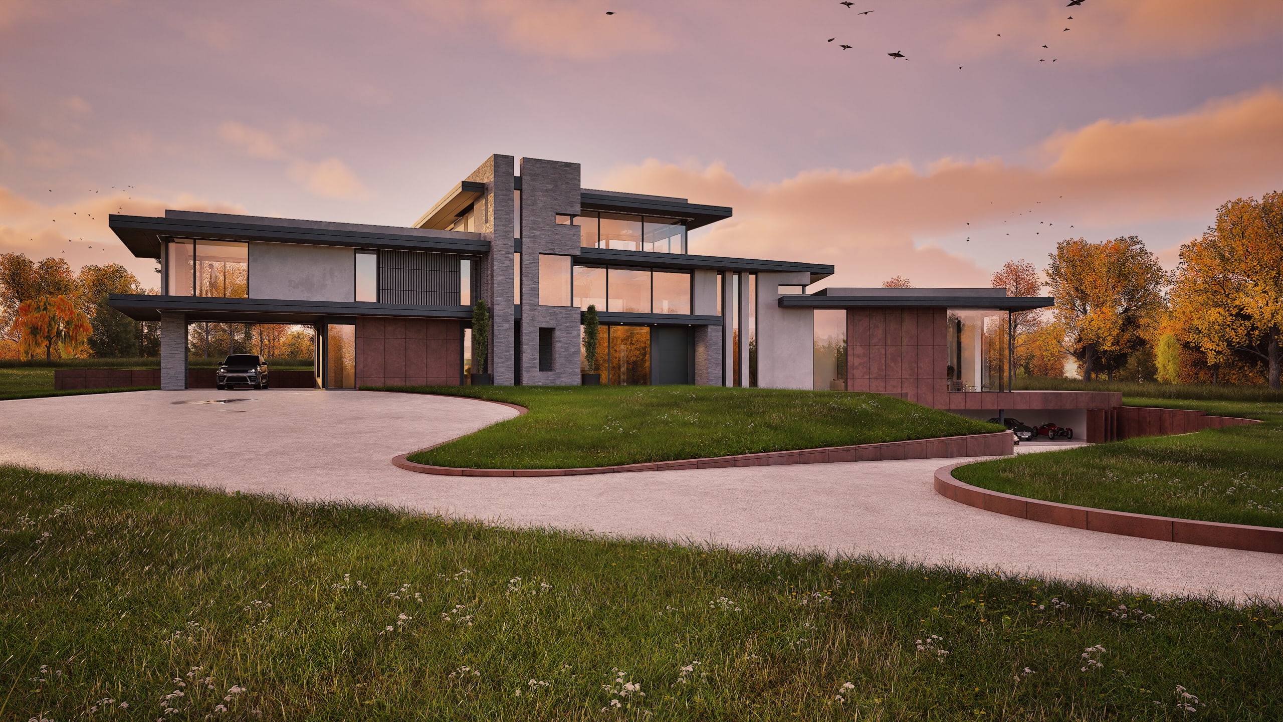 Modern luxury residence with cantilevered upper floor, floor-to-ceiling windows, and circular driveway at sunset