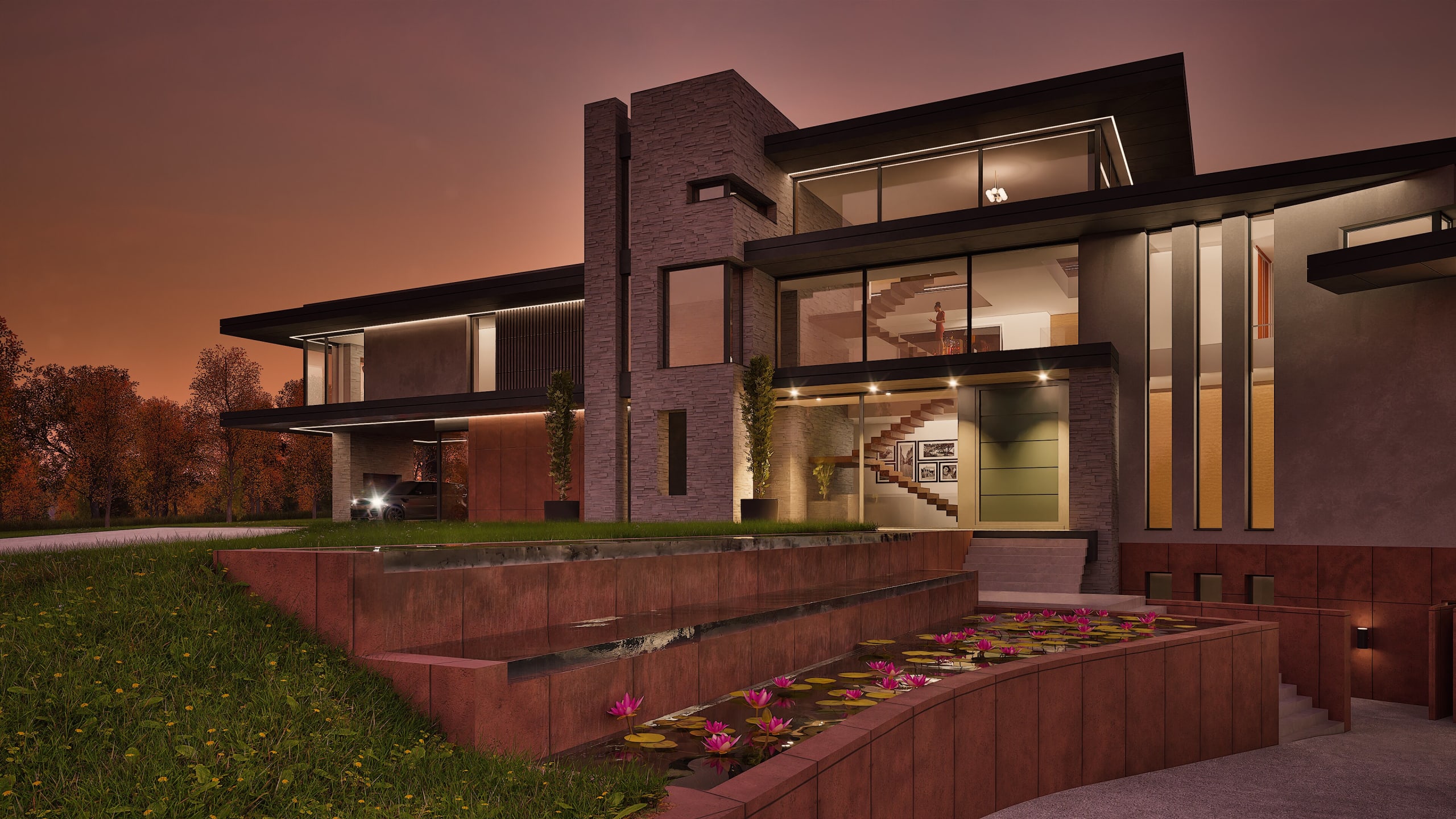 Modern two-story luxury home at dusk featuring stone facade, floor-to-ceiling windows, carport, and water lily pond