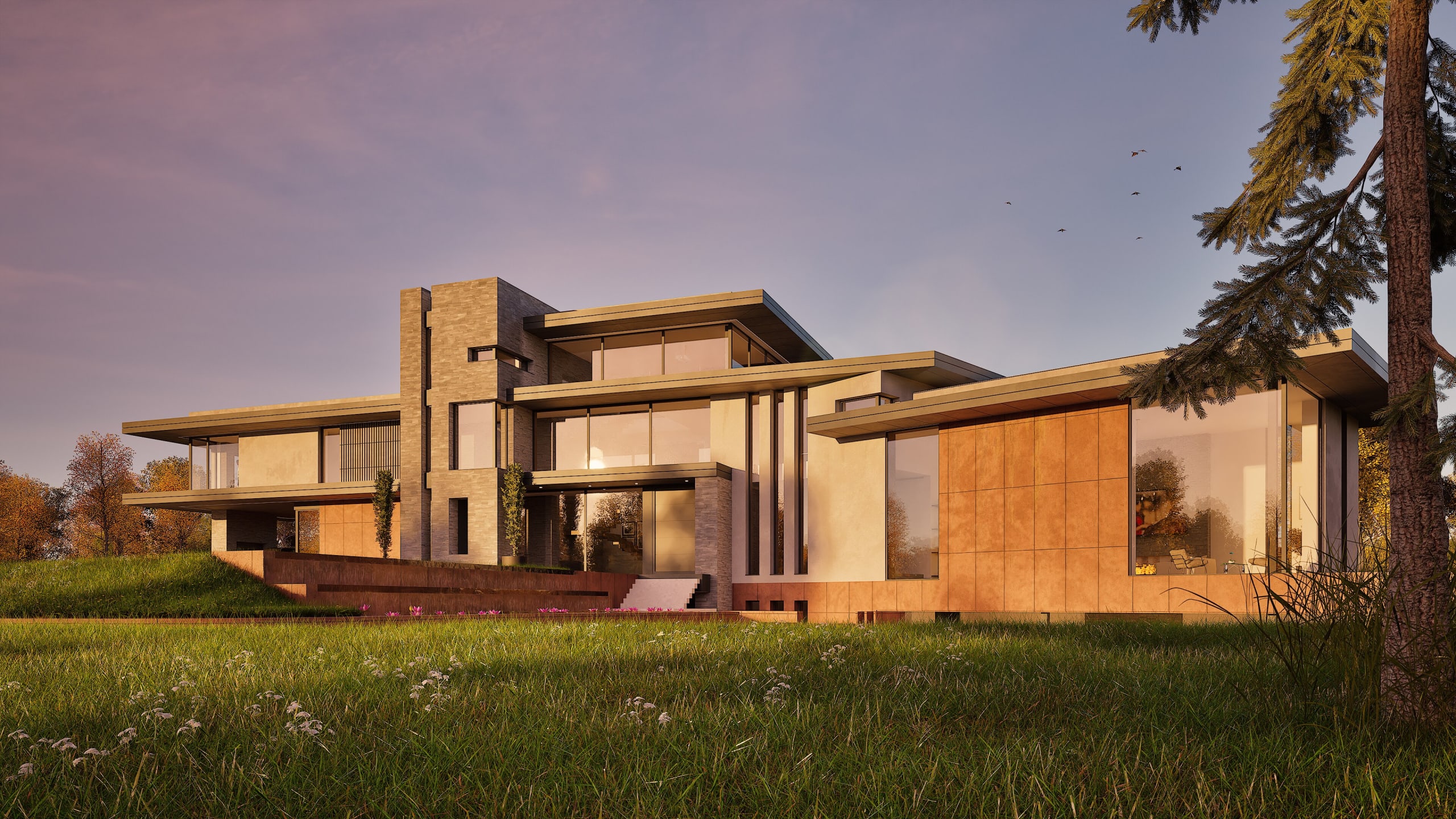 Modern two-story luxury residence with horizontal lines, stone and wood cladding, expansive glass windows at golden hour