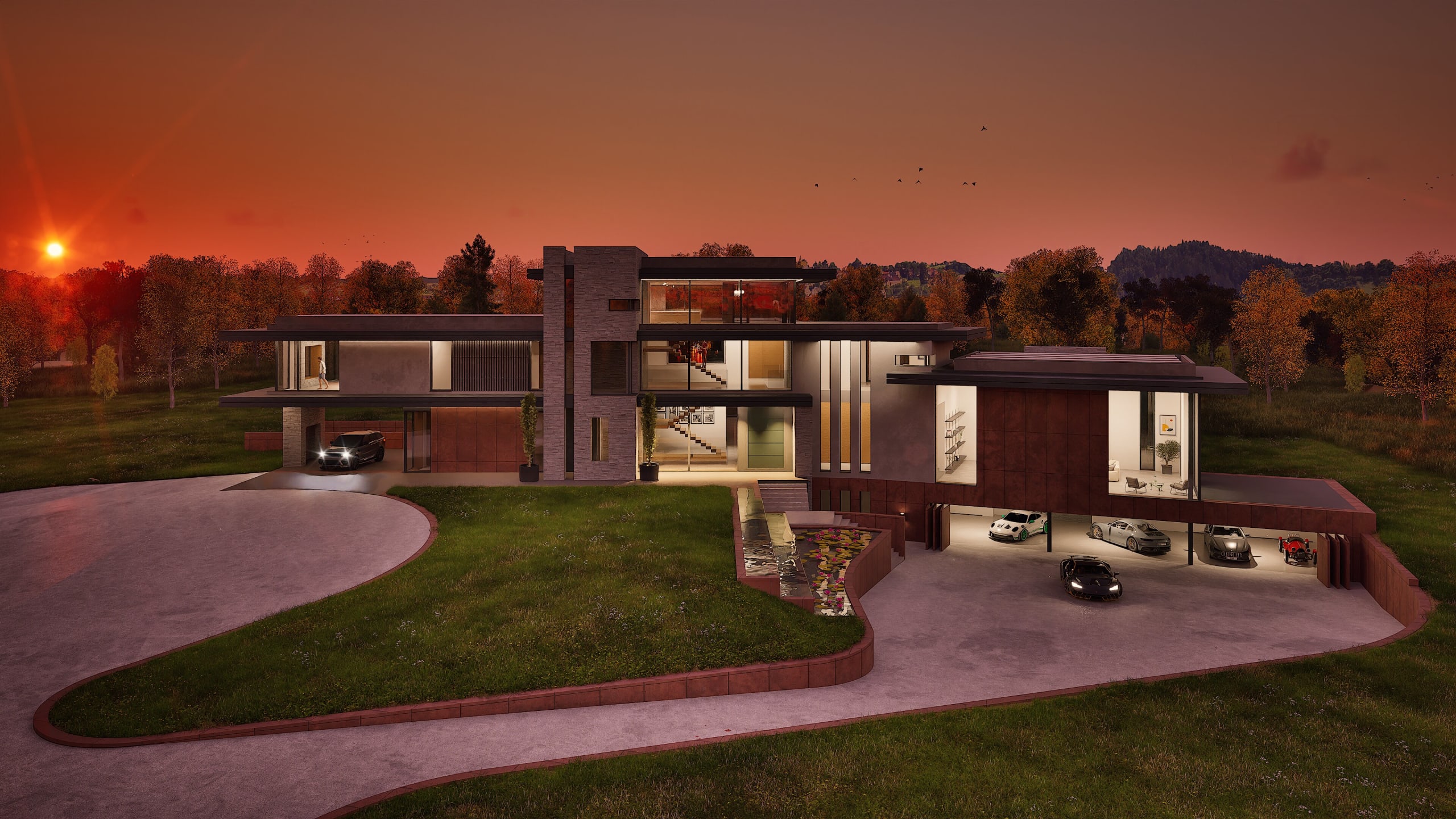 Modern luxury residence at sunset featuring multi-level design, floor-to-ceiling windows, and covered parking with sports cars